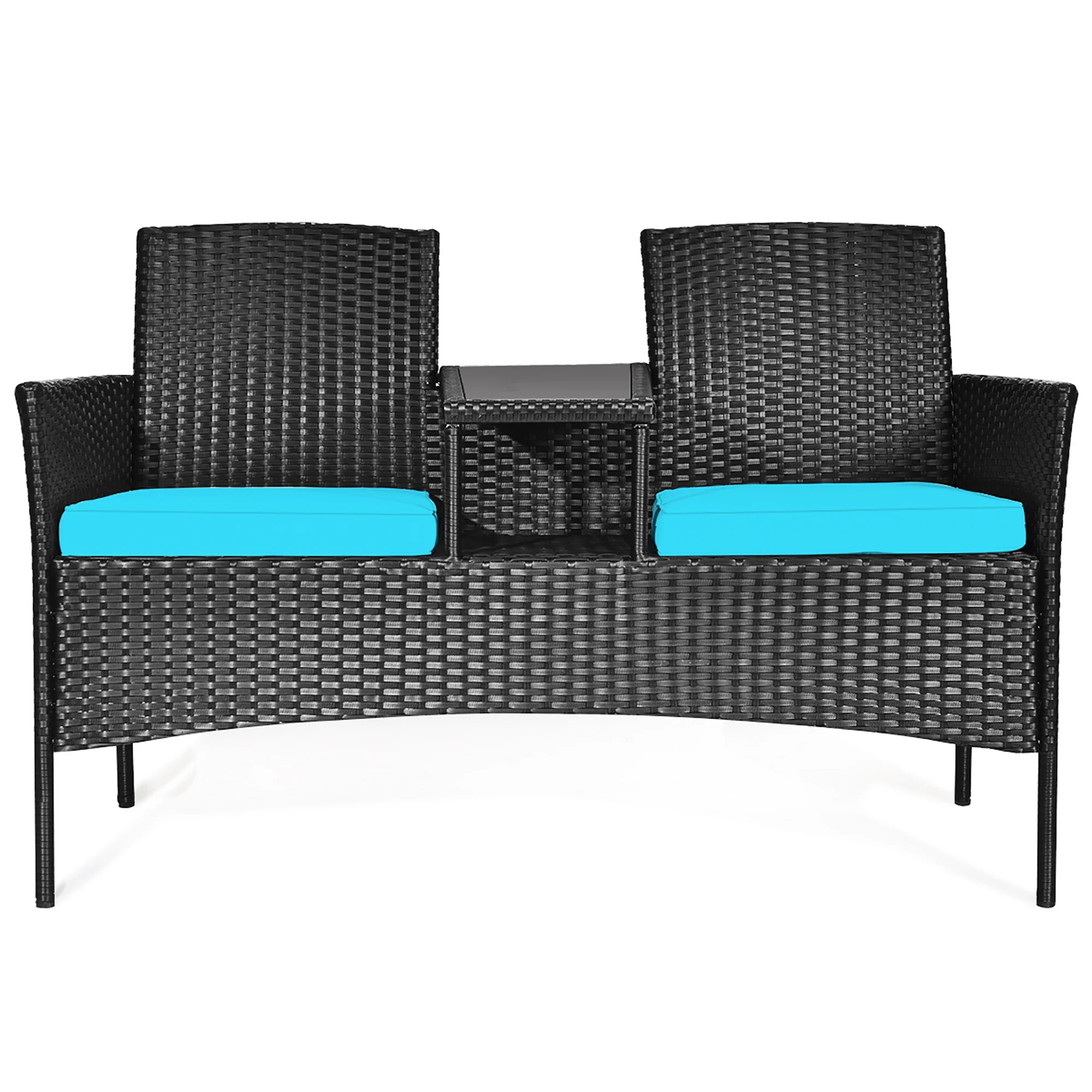 Patio Rattan Conversation Set Seat Sofa Cushioned Loveseat Chairs Turquoise(Turquoise) - Image 10