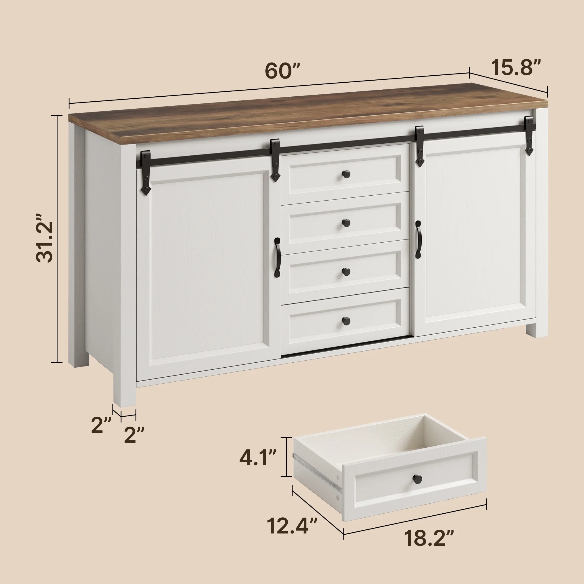 Coffee Bar Cabinet, 60" Buffet Cabinet with Storage, 2 Sliding Barn Doors 4 Drawers for Kitchen, White + Rustic Brown(Single) - Image 4