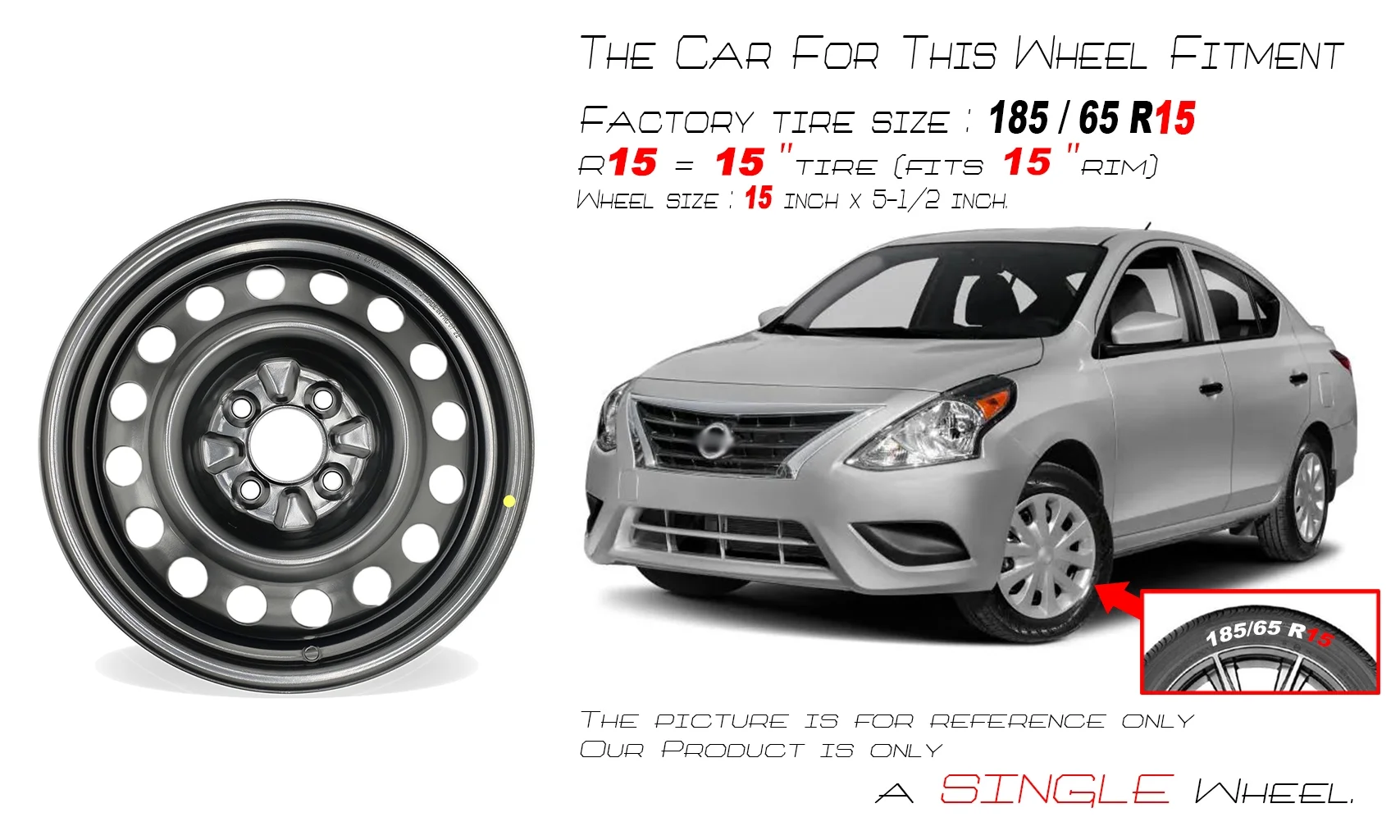 15" Single 15X5.5 Black Steel Wheel For Nissan Versa 2013-2019 OEM Design Replacement Rim - Image 2