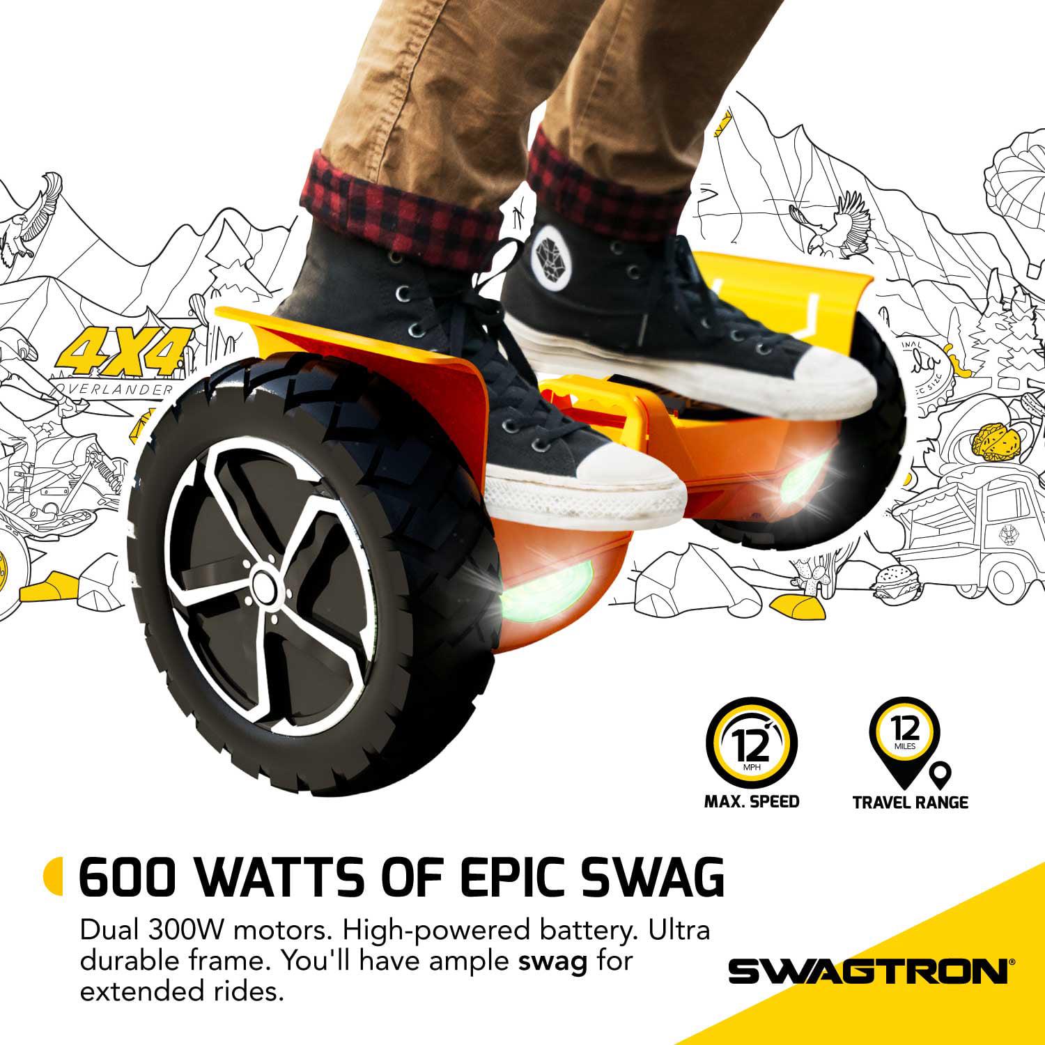 Swagtron Off - Road T6 Hoverboard. 420 lb Weight Limit. Black. Bluetooth Speaker. 10 in Wheel 12 Mph UL - Compliant