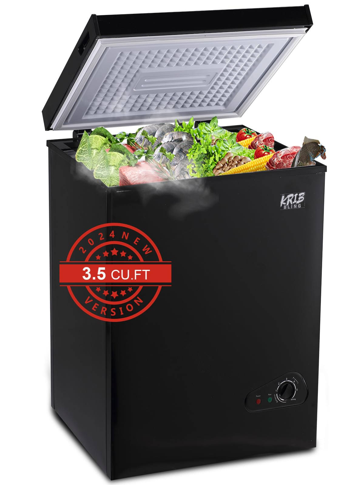 Krib Bling Chest Freezer 3.5 Cu.Ft Mini 7 Gears Temperature Control Compact Deep Freezer with Top Open Door and Removable Storage Basket Black