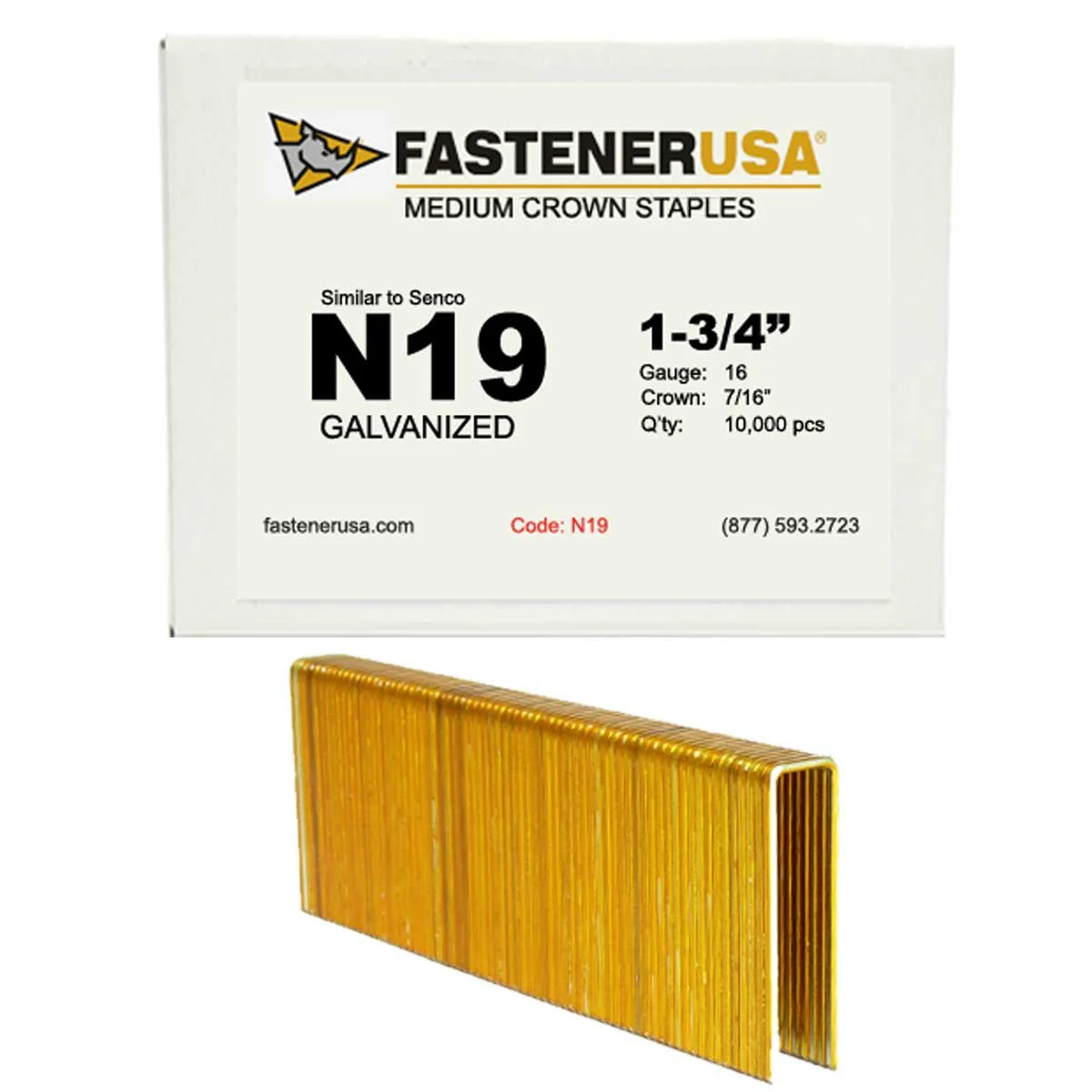 N19 1-3/4 in Medium Crown Shake Staples, 7/16 in Crown, 16 Gauge, Galvanized (10,000/Box)