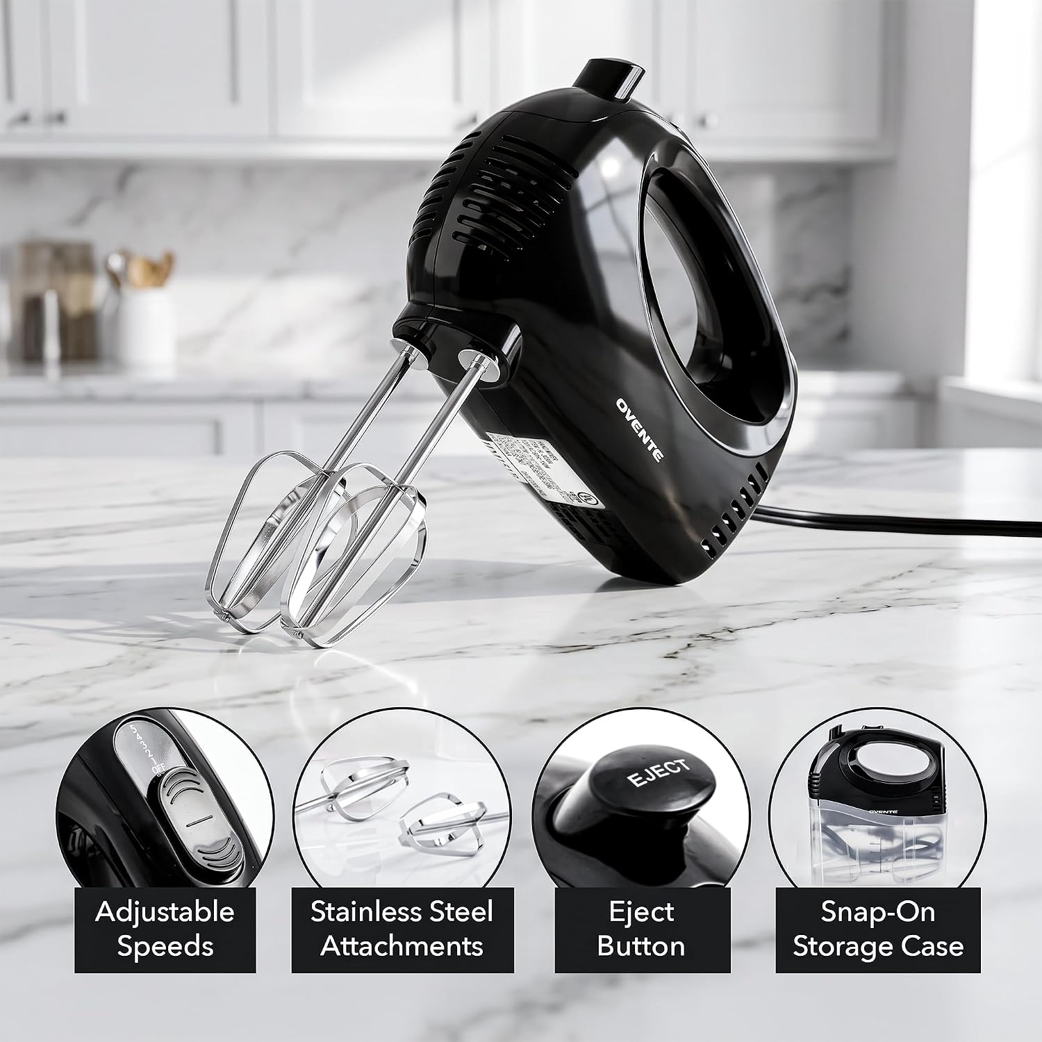 OVENTE 5-Speed Electric Hand Mixer with Storage Case,150W, Black HM151B