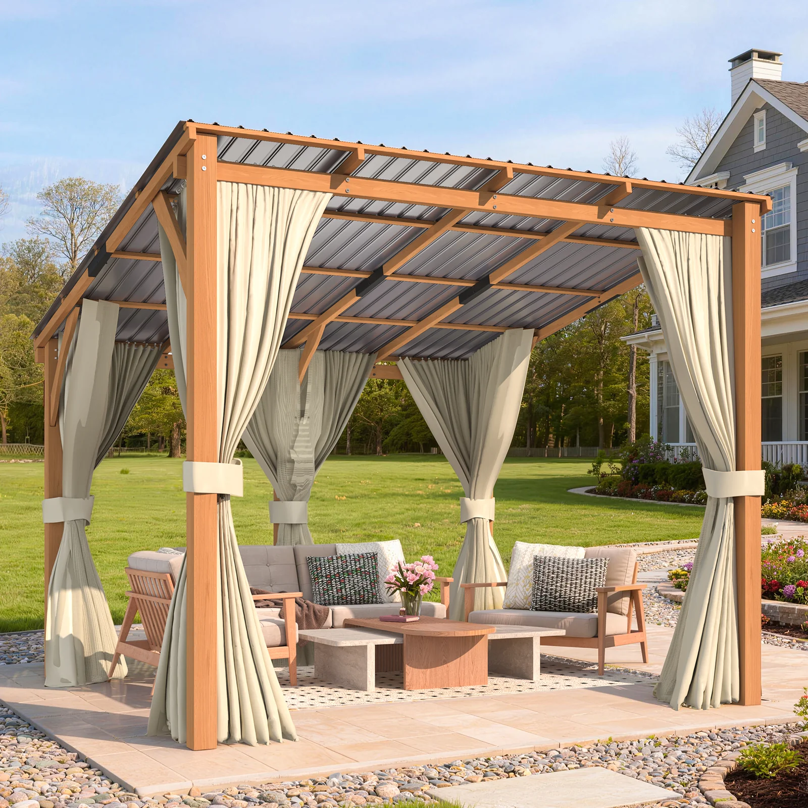 AECOJOY 10x10 Outdoor Wooden Pergola Gazebo with Curtains and Netting for Patio
