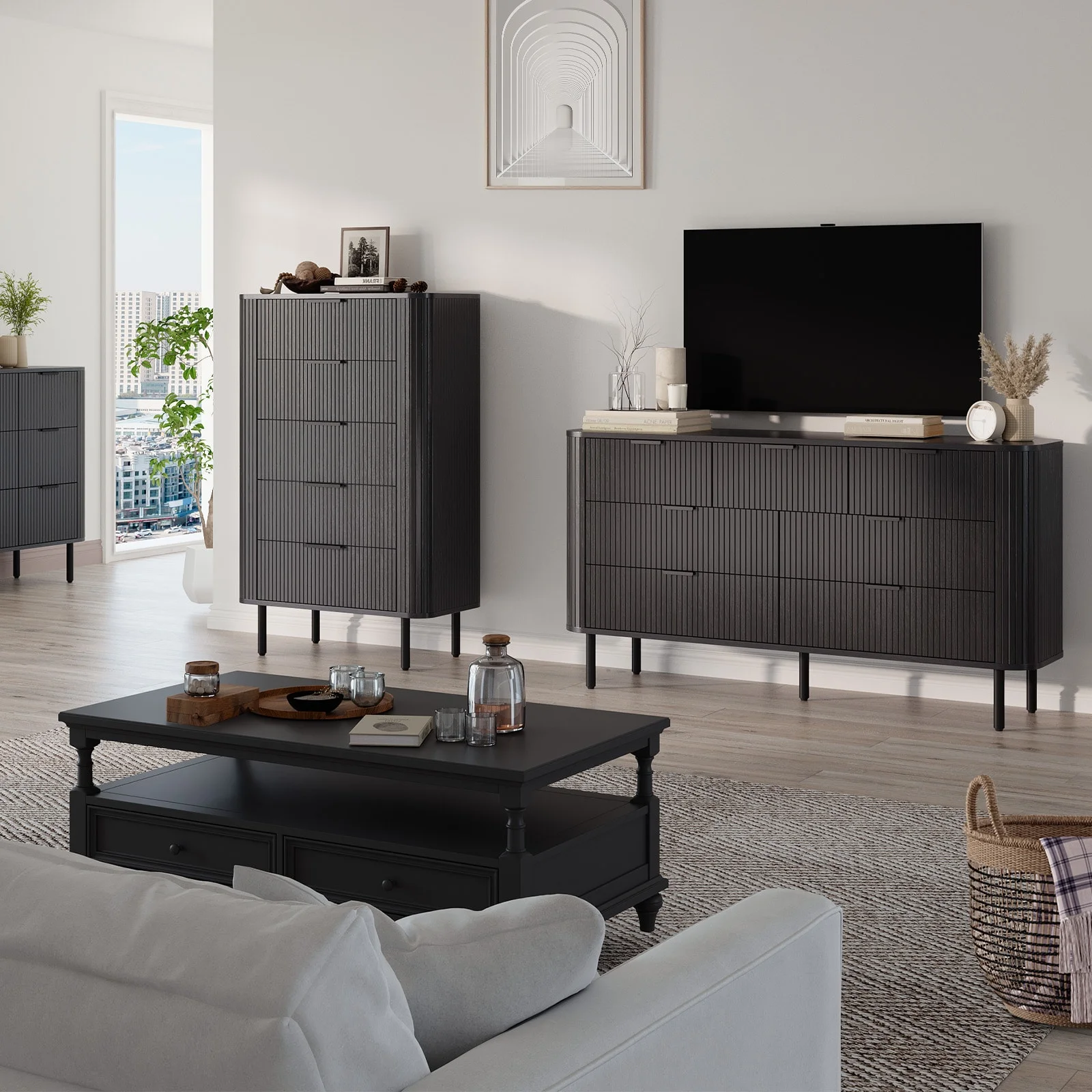 7-Drawer Fluted Dresser for Bedroom, 60 Inch Wide Modern Wood Chest with Metal Handles, Curved Profile Design Also Ideal as TV Stand for Living Room, Hallway, Black(Black) - Image 5