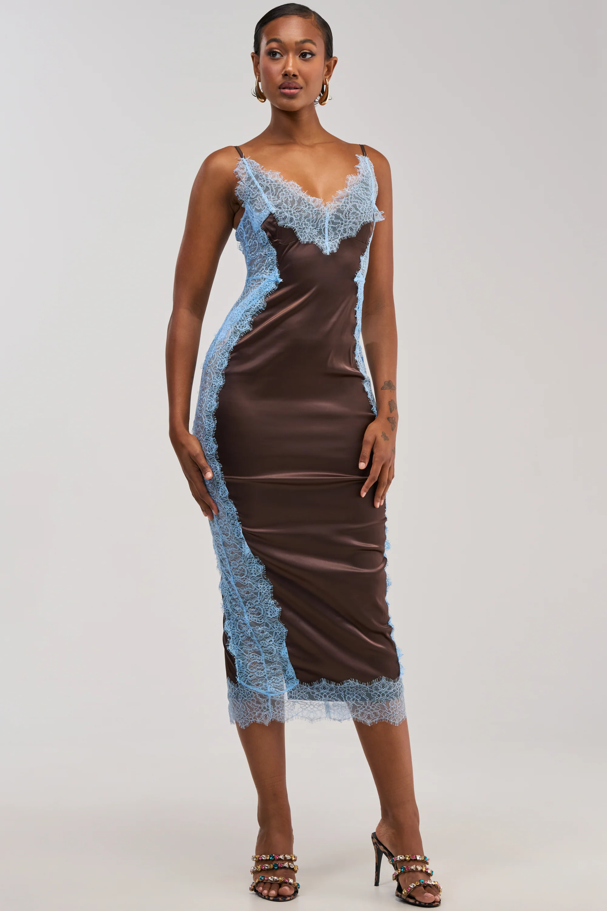 ESSENTIAL LACE TRIM SATIN SLEEVELESS MAXI DRESS IN BROWN - Akira Store