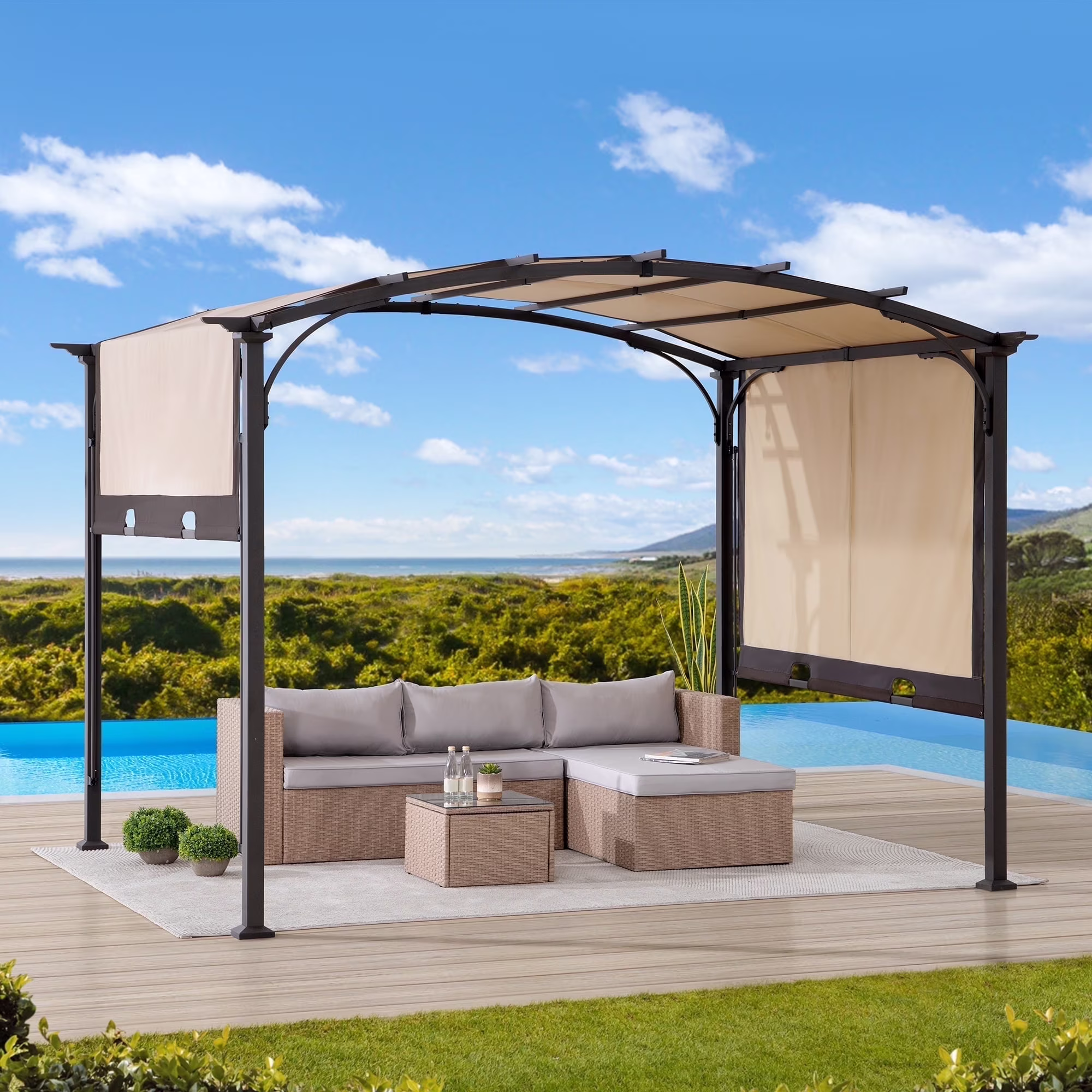 Sunjoy Lindt  9.5 x 11 ft. Outdoor Steel Arched Pergola with Adjustable Canopy for Patio, Backyard, and Garden, Tan & Brown