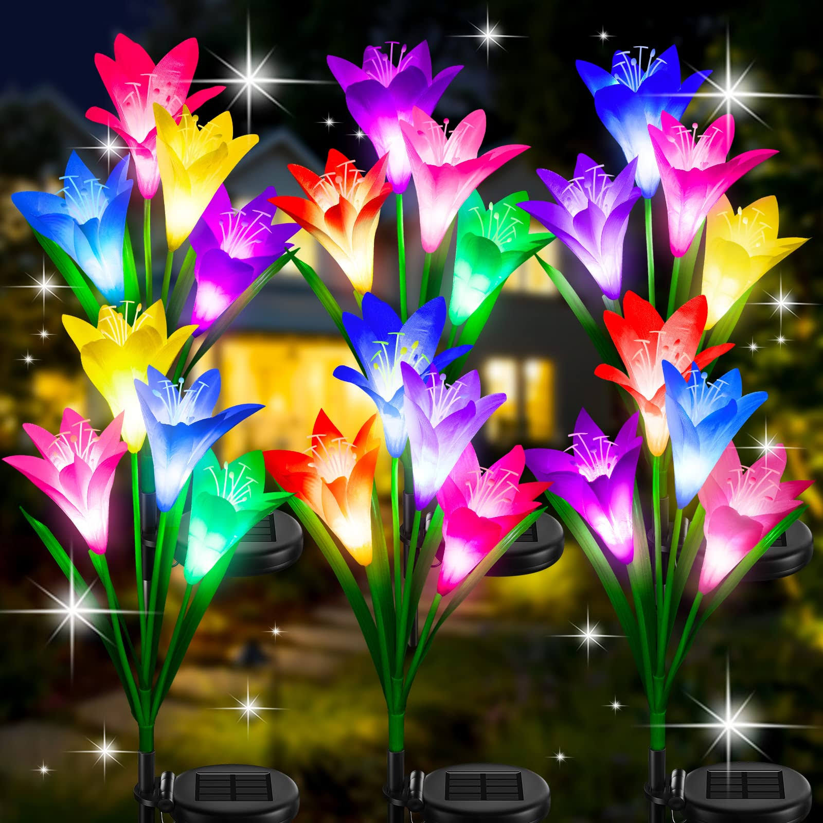 KuBace Solar Outdoor Lights Garden Decor, 6 Pack Upgraded Solar LED Flower Lights with 24 Bigger Lily Flower Lamp, 7 Color Changing Waterproof Solar