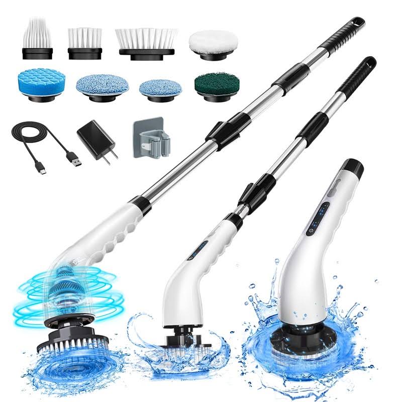 momk Electric Spin Scrubber, Shower Scrubber Cordless Cleaning Brush with 8 Replaceable Brush Heads and Squeegee,Adjustable Extension Handle 2 Speeds