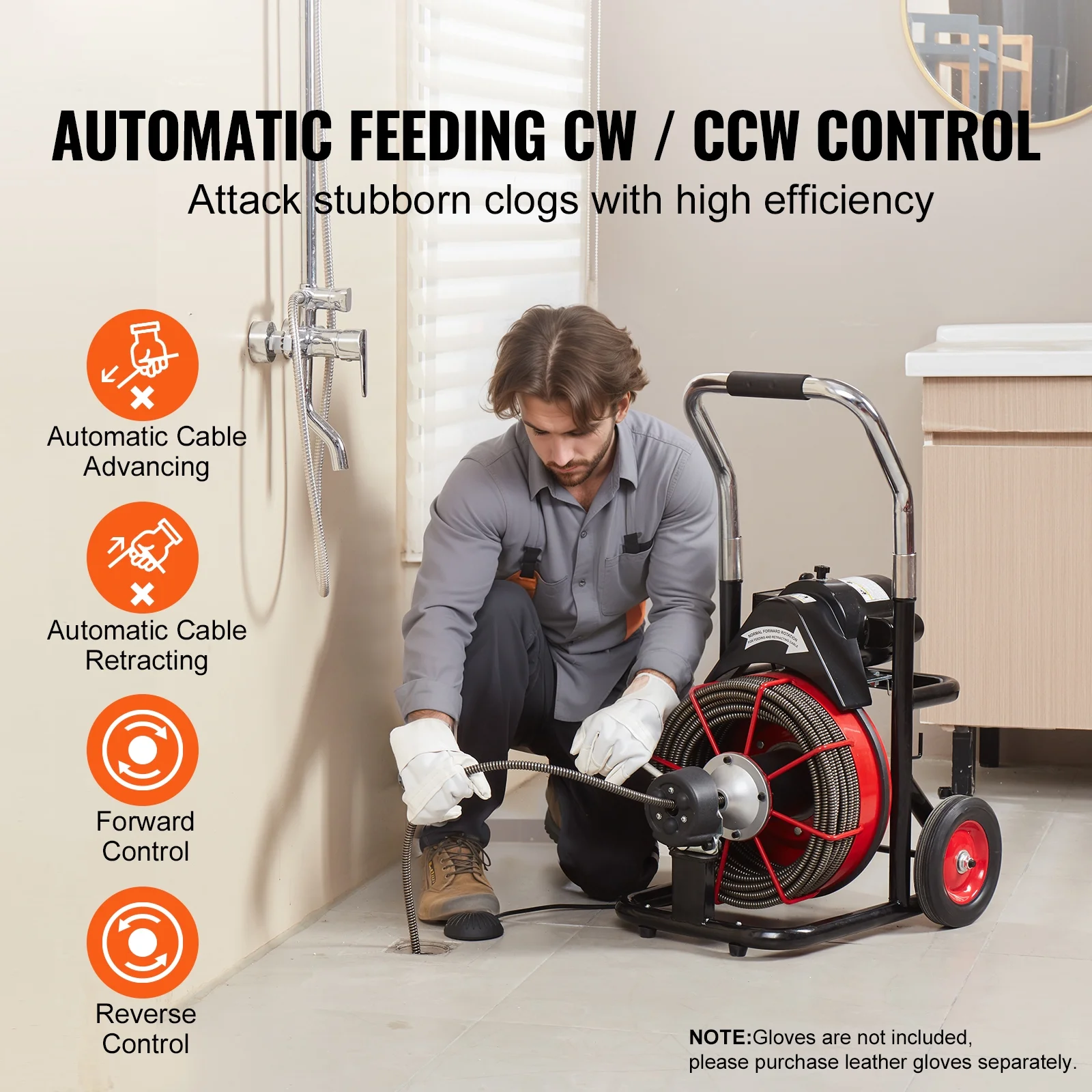 KFFKFF Drain Cleaner Machine, 100FT x 1/2 in with Auto Feed, 550W, Portable on Wheels, Includes 8 Cutters & Foot - Operated Air Switch, Cleans 2" - 4" Pipes