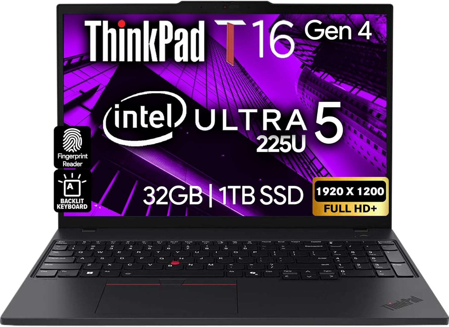 Lenovo ThinkPad T16 Gen 4 Business Laptop 16” FHD+ Display  Intel Ultra 5-225U (Beats i7-1355U)  32GB DDR5 RAM  1TB SSD  5MB Webcam  Fingerprint  Backlit KB  WiFi 6E  RJ-45  Win 11 Pro