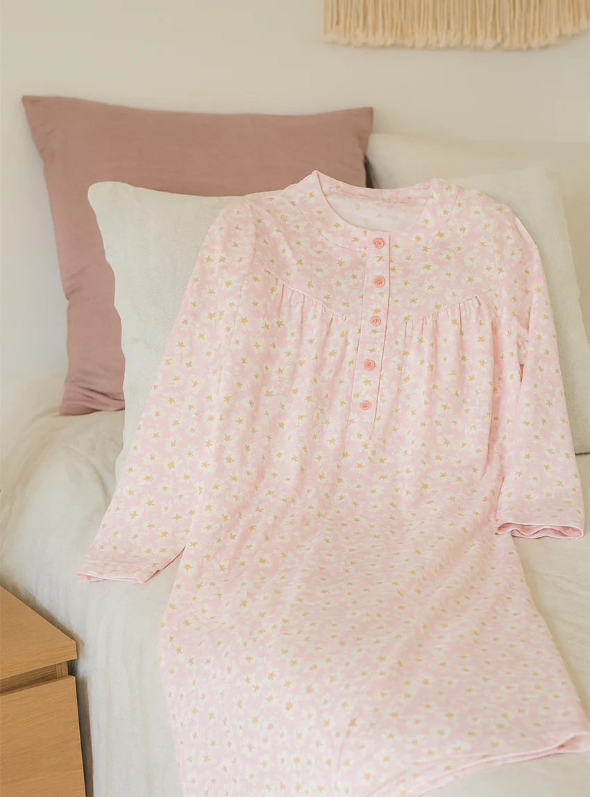 Chemise de nuit femme en coton rose fleur