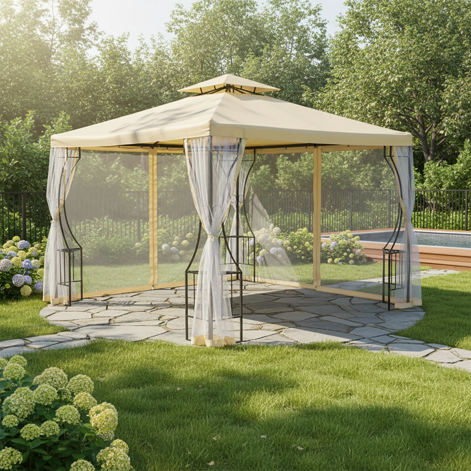 VESTIAMO CASA GIARDINO - Gazebo da giardino in Acciaio Antracite con Telo in Poliestere Écru e Zanzariera 3x3 metri