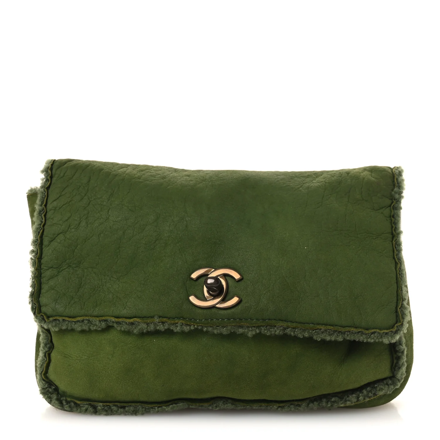 Suede Shearling Flap Clutch Green
