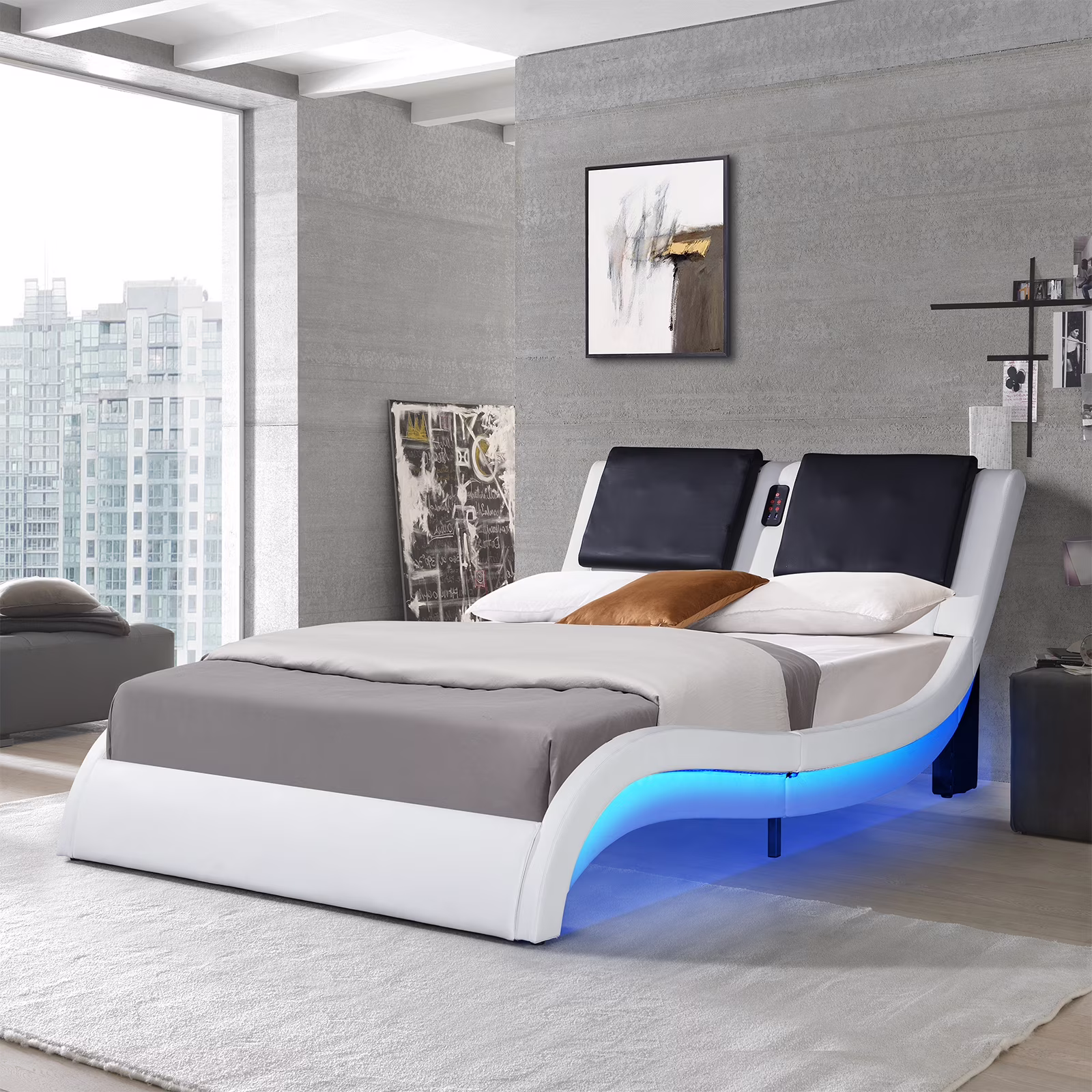 King Size Platform Bed Frame wth LED Light And USB Charging Ports Headboard, Wave-Like Curve Backrest Vibration Massage Upholstered Faux Leather Bed for Home(White1-1)