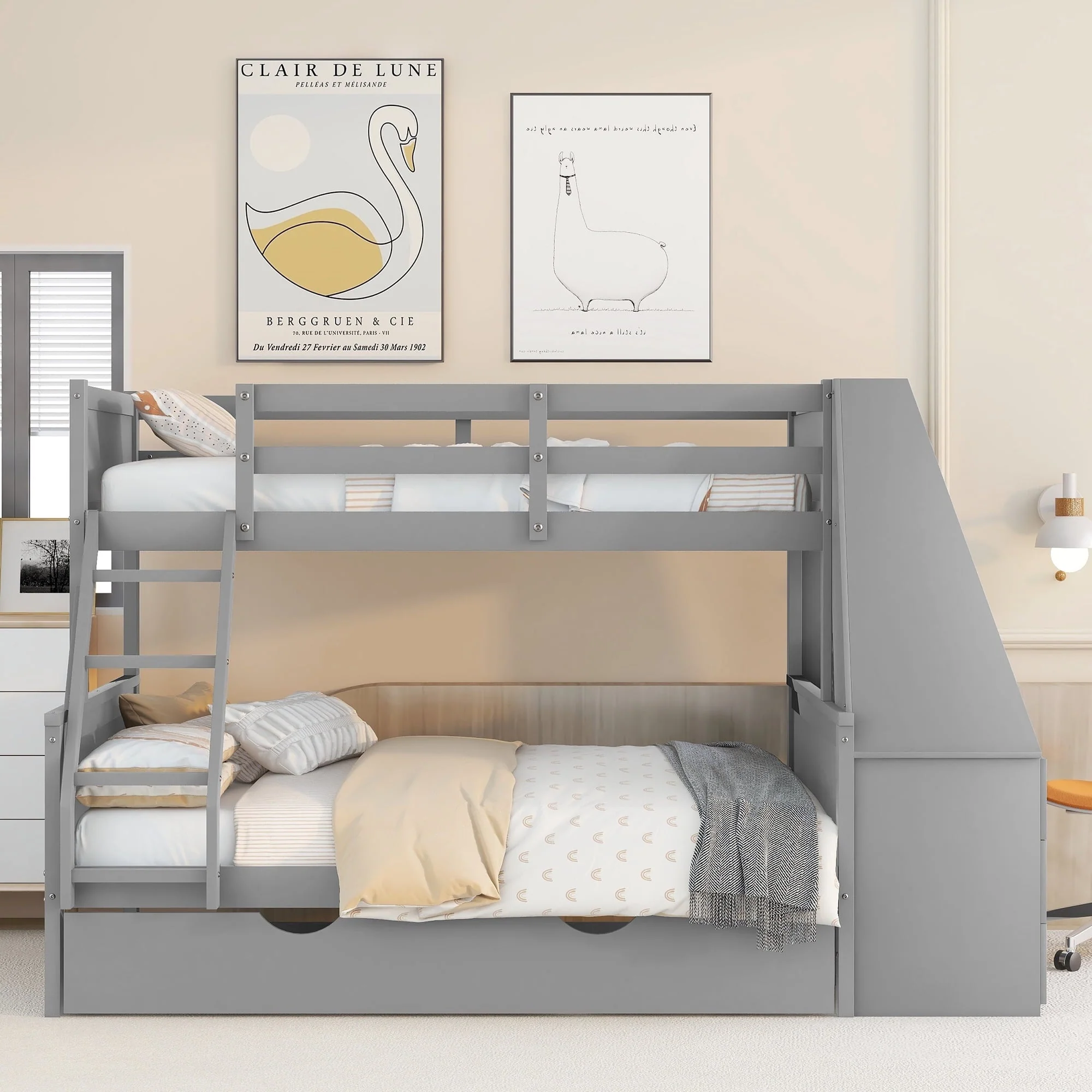 Twin over Full Bunk Bed with Trundle, Built-in Desk with Bookcase and 3 Drawers for Kids, Gray - Image 3