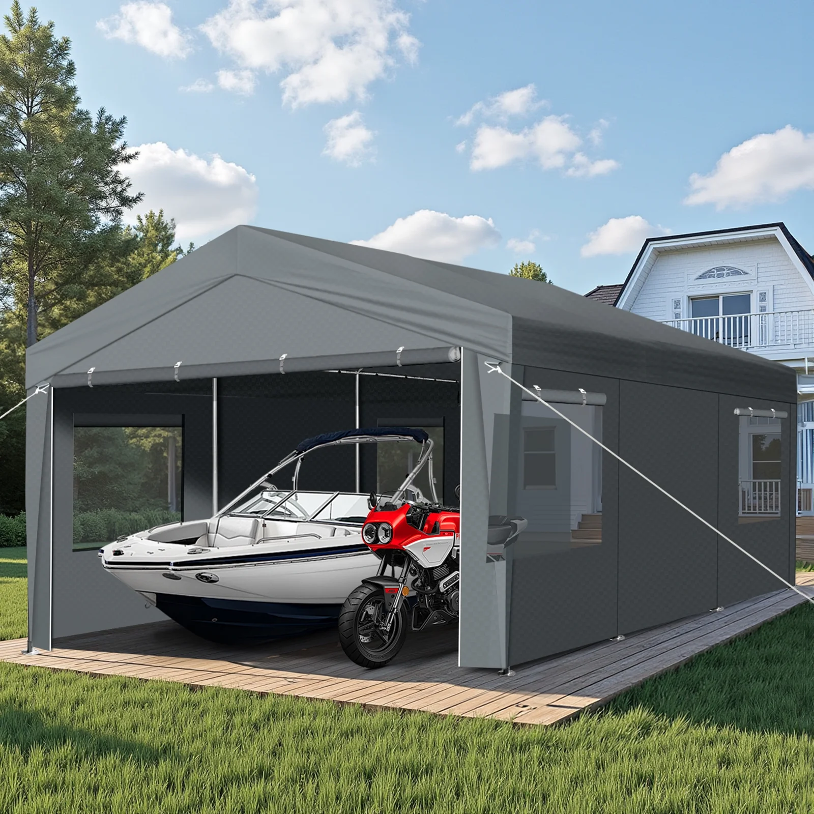 10x20Ft Carport, Large Heavy Duty Car Tent with Galvanized Steel Frame, Portable Storage Boat Shed Canopy Garage with Sidewalls Doors, Gray(10'X20'X9.2') - Image 10
