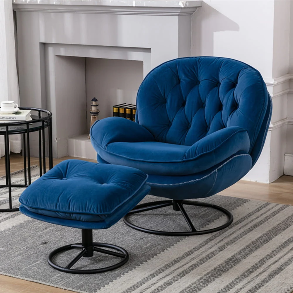 Velvet Swivel Accent Chair with Ottoman Set, Modern Lounge Chair with Footrest and Metal Base Comfy Armchair with 360 Degree Swiveling Single Sofa Chair Accent Chairs for Living Room, Green(Beige) - Image 6