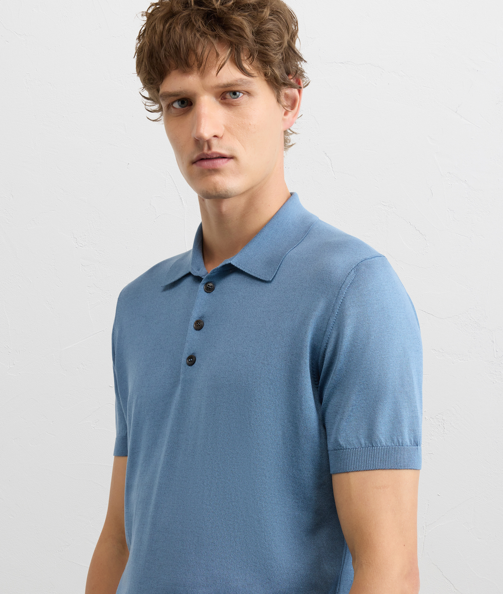 LIGHT BLUE SILK AND COTTON SHORT SLEEVED POLO SHIRT