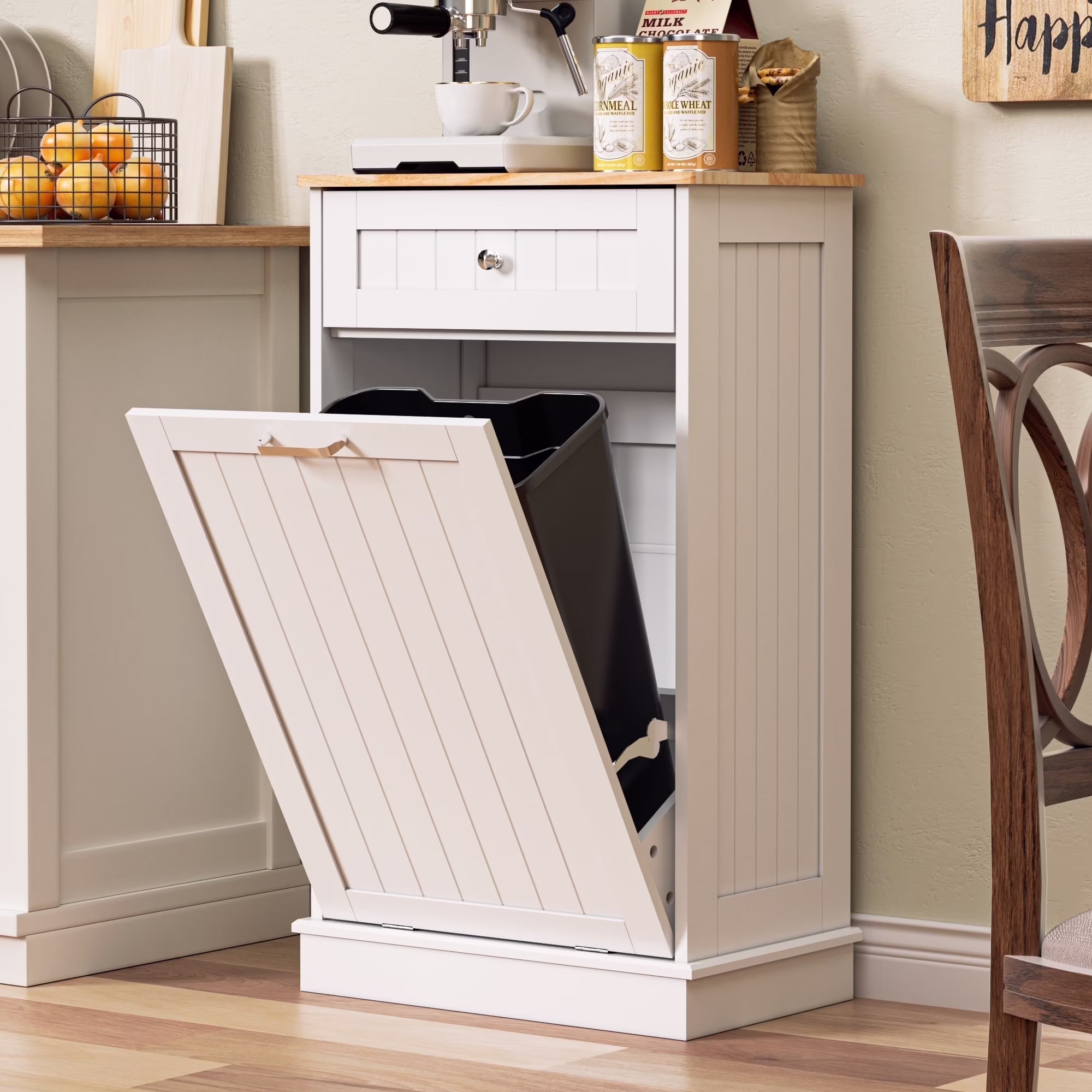 Single Tilt Out Trash Cabinet for 13 Gallon Waste Bin, Free Standing Kitchen Trash Can Cabinet with Drawers, White(White/13 gal)