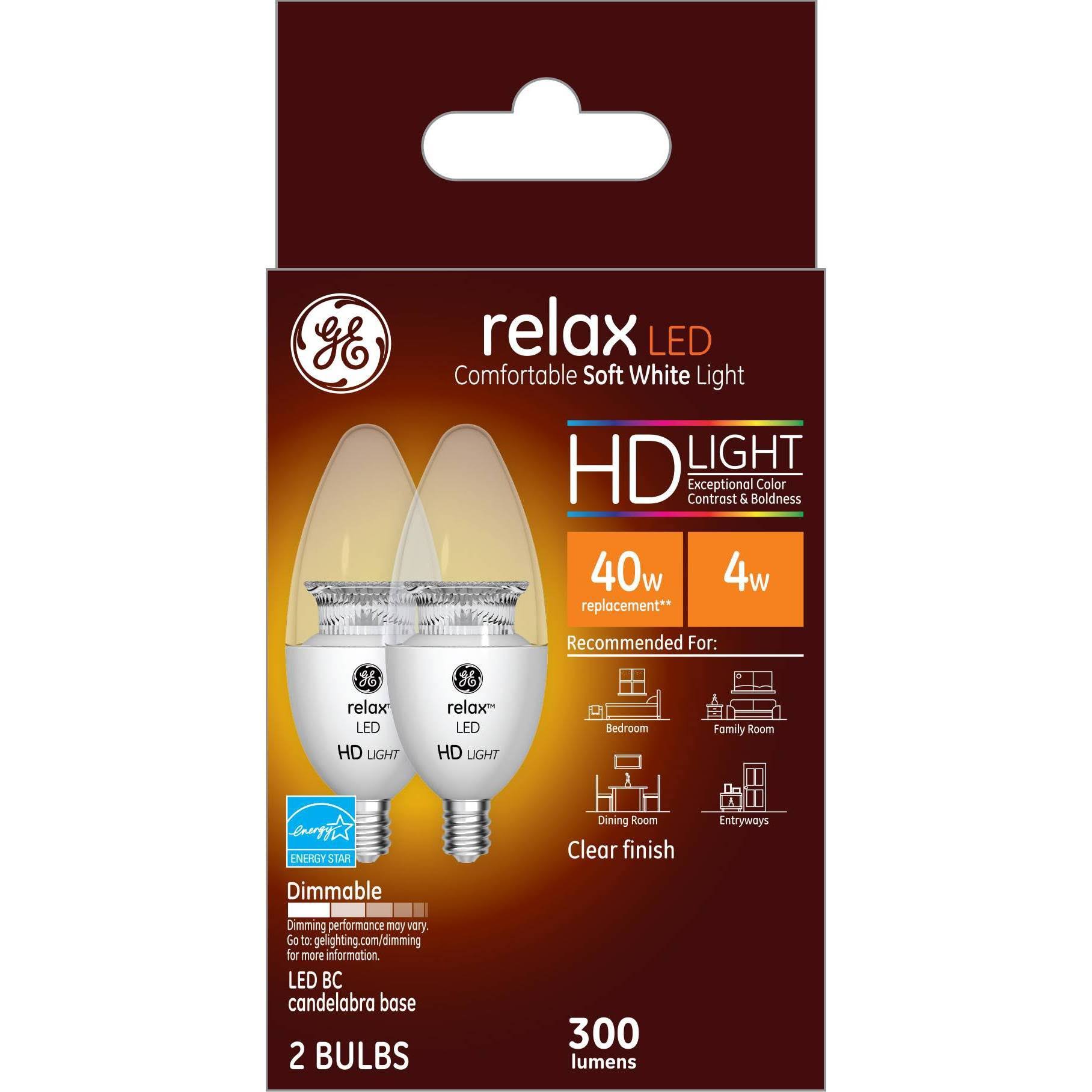 GE LED 4W HD Relax Soft White Decorative Blunt Tip, Small Base, Dimmable, 2pk Light Bulbs