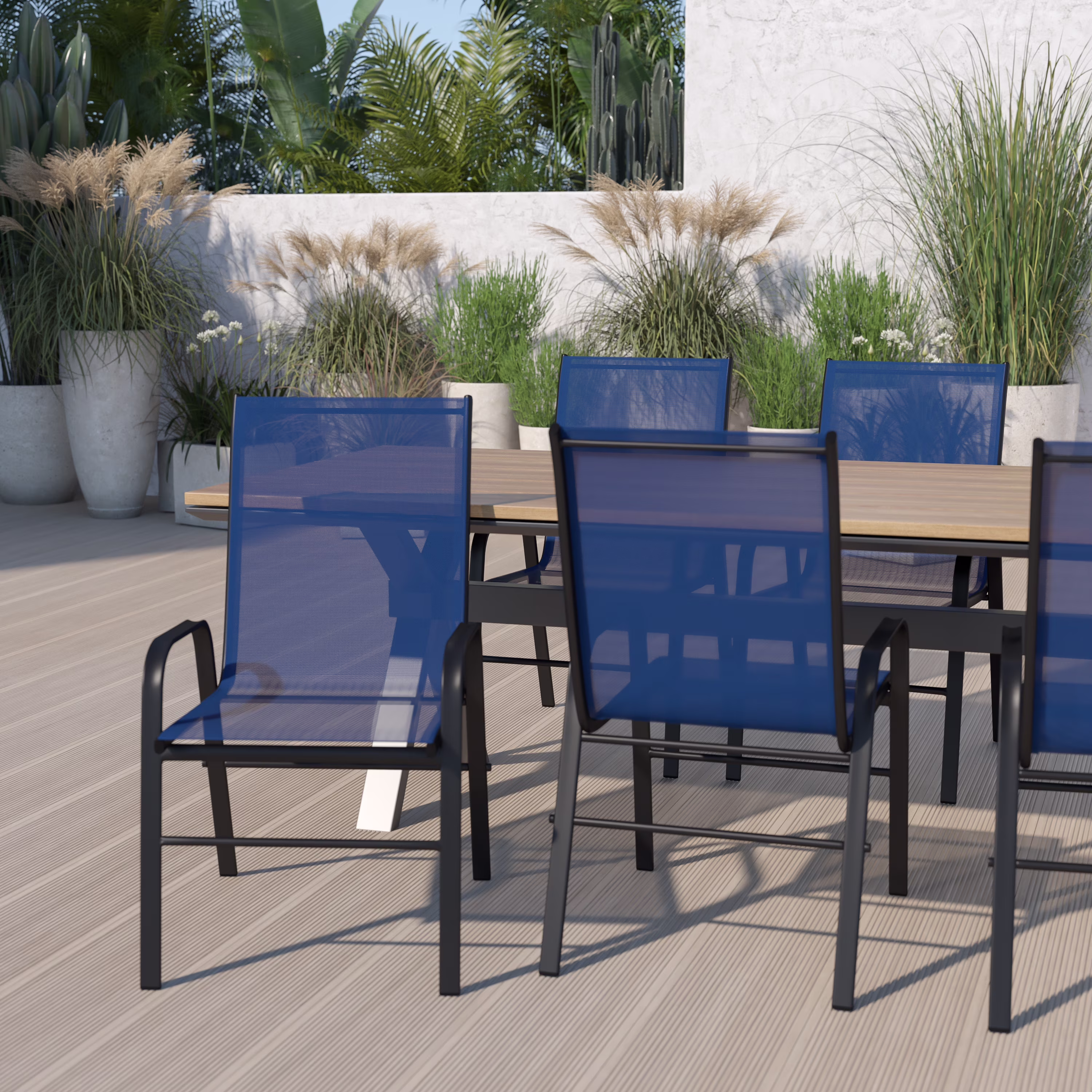 5 Pack Black Outdoor Stack Chair with Flex Comfort Material and Metal Frame(Black) Image 7