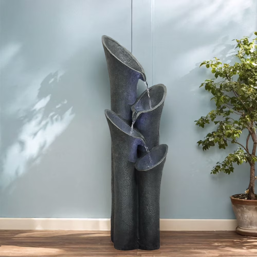 Garden Patio Resin Floor Standing Water Fountain,4-Tier Cascading Indoor Outdoor Waterfall Fountains with LED Lights for Home Garden Porch, Backyard and Home Art Decor