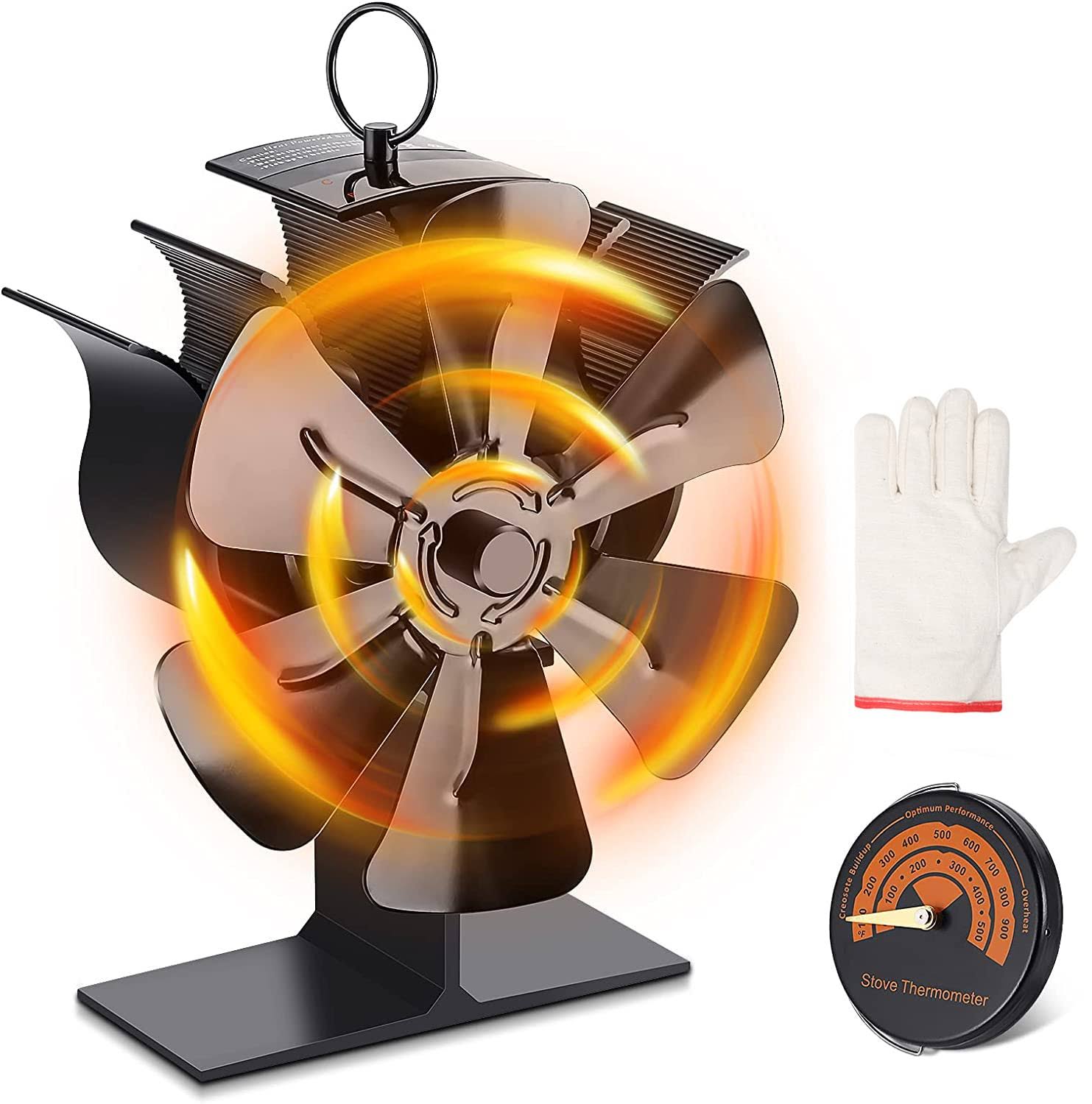 AmzWorld 6-Blade Wood Stove Fan Heat Powered, Wood Heater Fan, Non Electric Fireplace Fan for Wood/Log Burner, Increases 40% More Warm Air Than 4