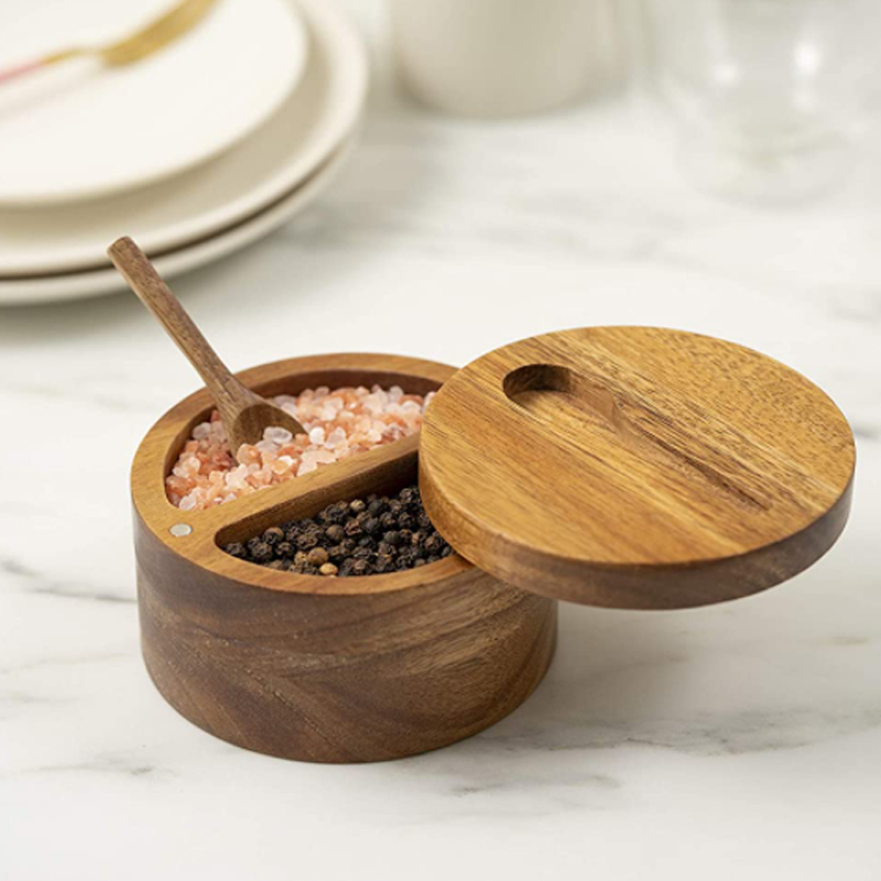 Acacia Salt Box Divided with Magnetic Swivel - 2-Compartment Wooden Spice Cellar