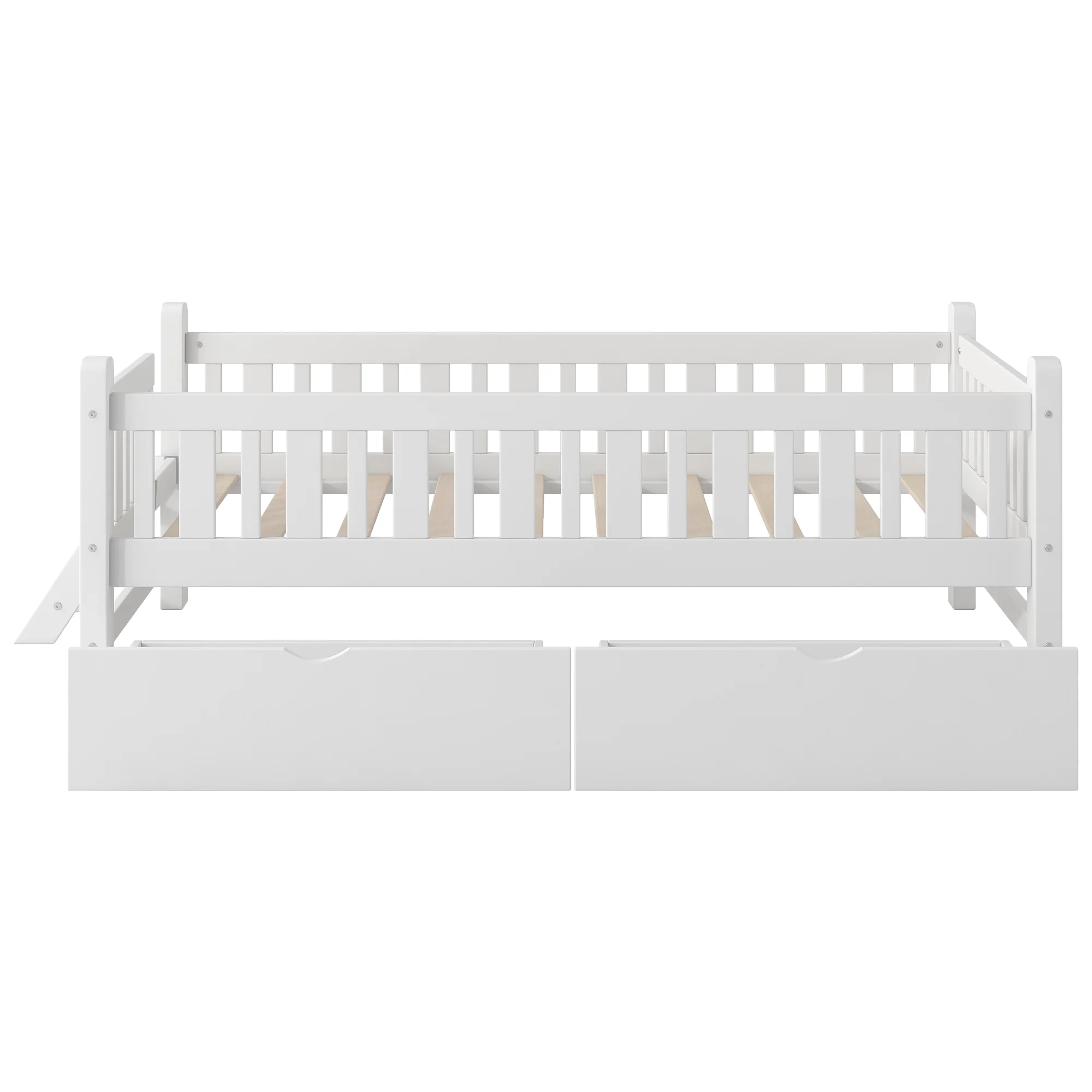 Wood Twin Size Platform Bed with 2 Drawers and Ladder for Kids and Toddlers, White(White) - Image 7