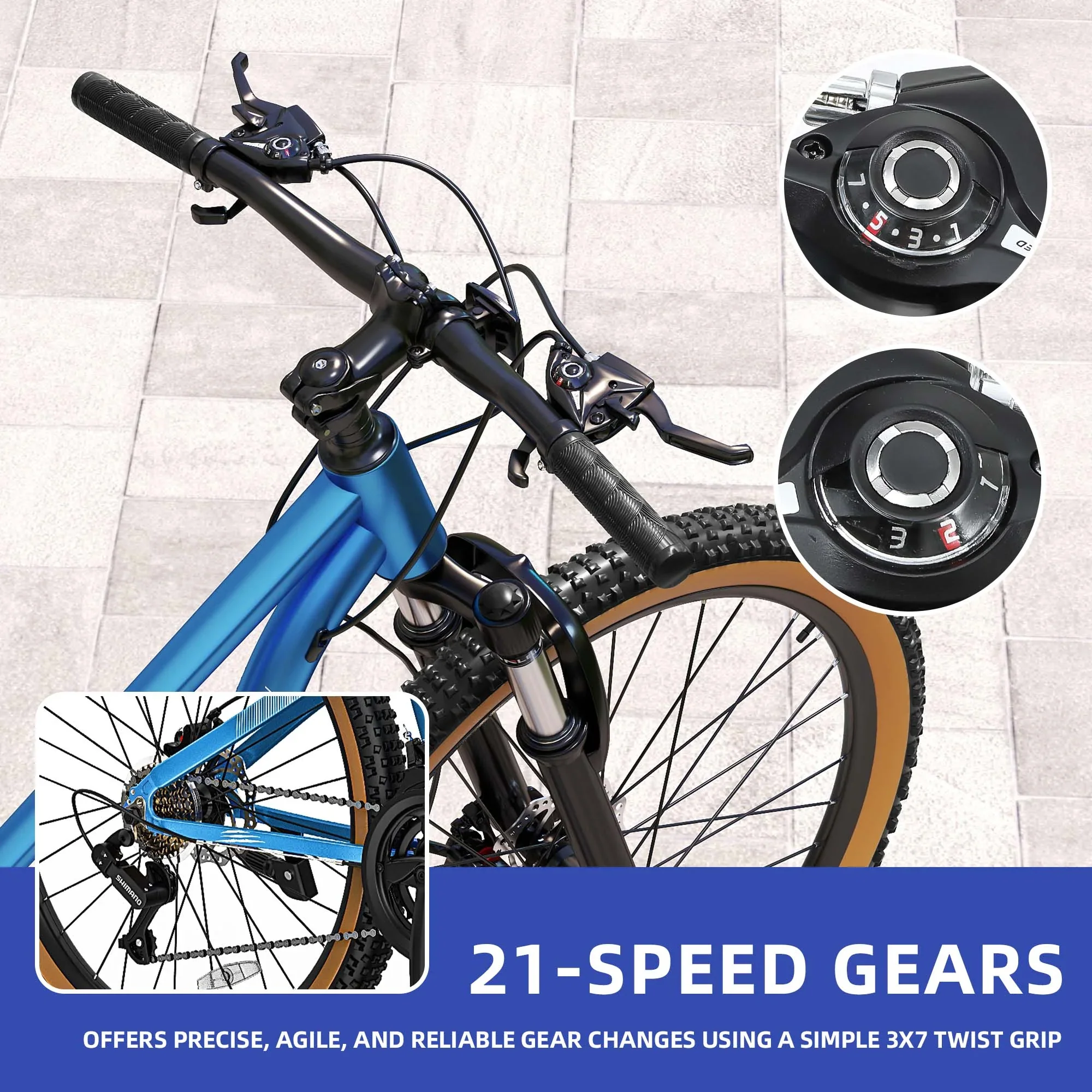 ModFusion 26-Inch Aluminum Alloy Mountain Bike, 21-Speed, Disc Brakes, Black with Brown Tires, 85% Assembled