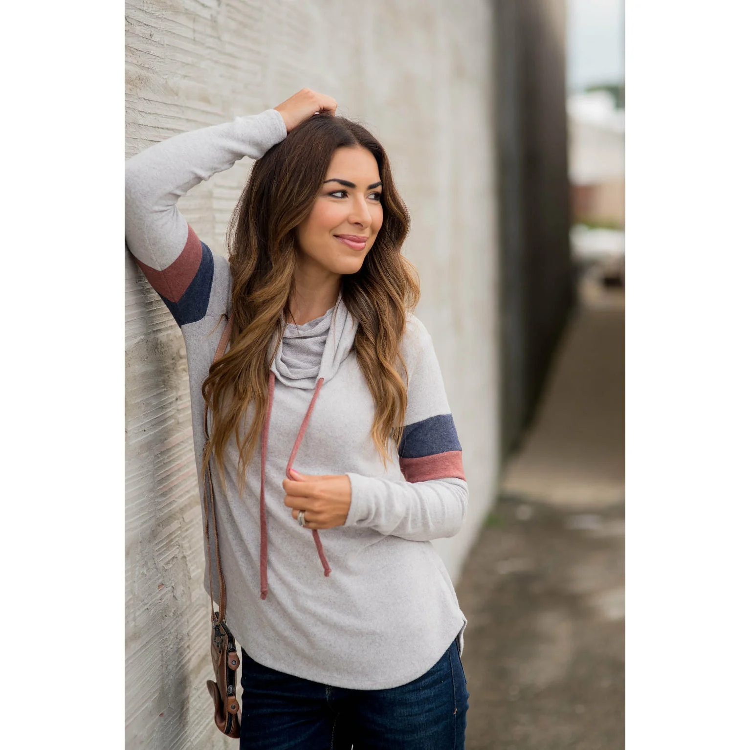 Dual Striped Sleeve Cowl Neck