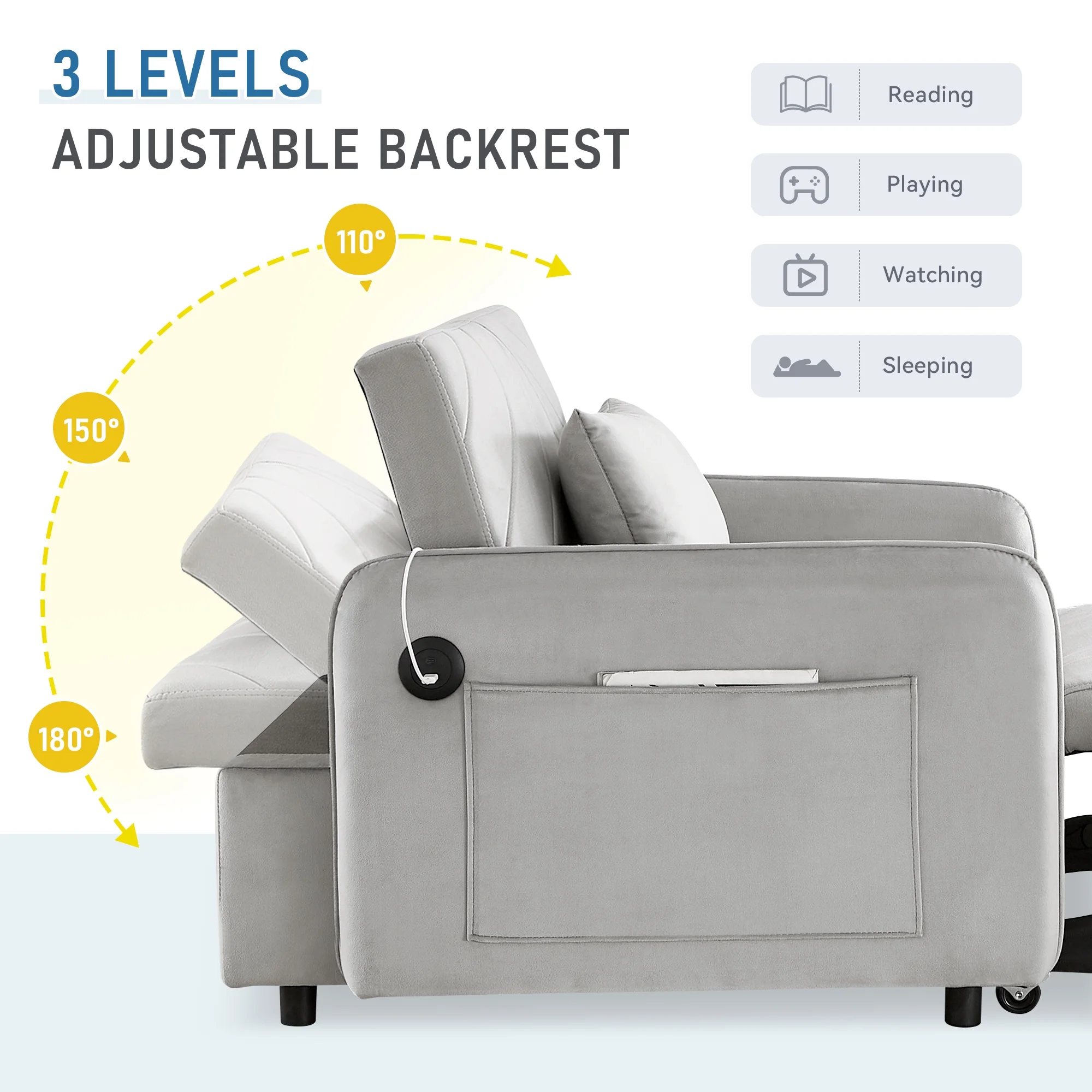 3-in-1 Convertible Sleeper Chair Bed, Indoor Lounge Chair with USB/Type-C Charging Ports, Modern Recliner Sofa for Living Room, Gray Velvet(Gray) - Image 4