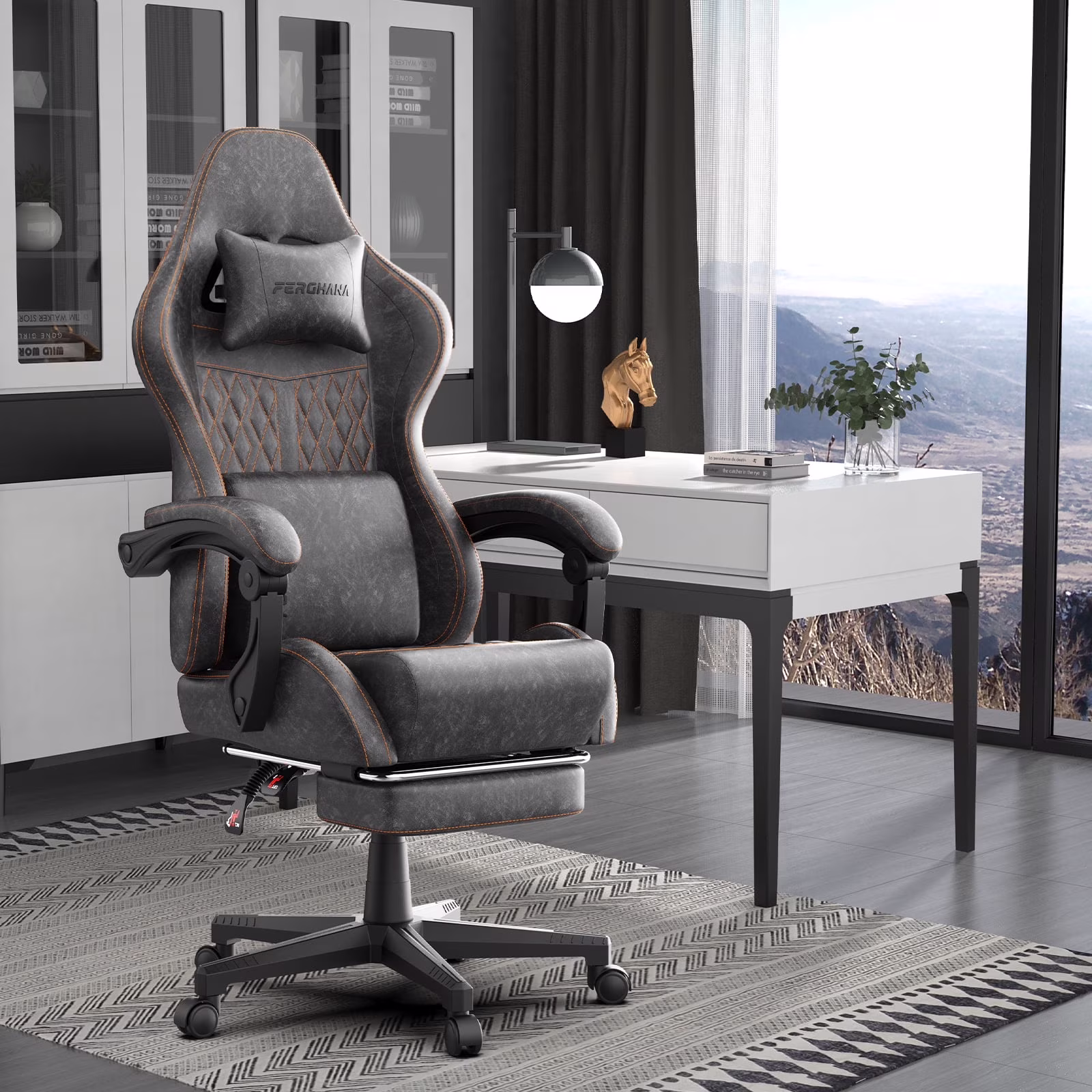 Gaming Chair with Footrest Computer Ergonomic Office Chair with Massage Lumbar Support Headrest, High Back Vintage Game Chair for Adults and Kids, Black(Black) - Image 3