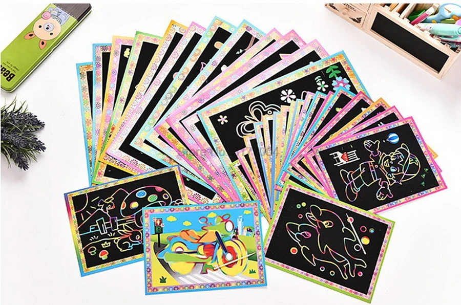 1000pcs 17*13cm Two-in-one Magic Color Scratch Art Paper Coloring Cards Scraping Drawing Toys for Children