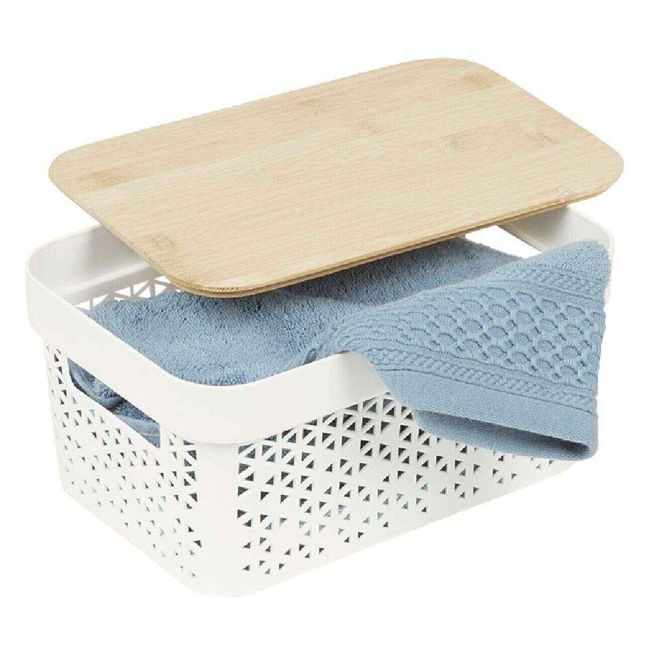 Panière de rangement blanche avec couvercle en bambou moyen modèle