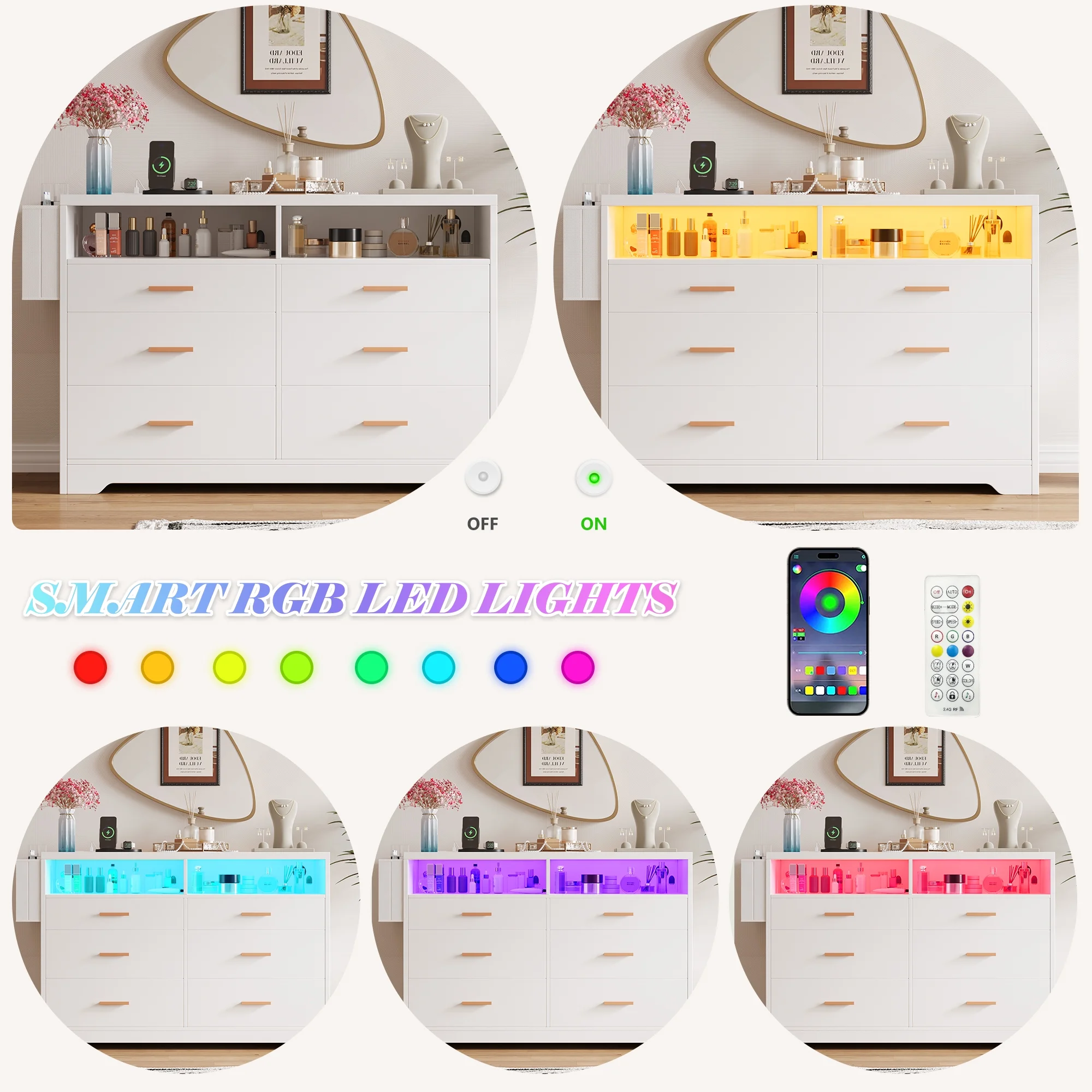 White Dresser for Bedroom,6 Drawers Dresserwith LED Lights and Charging Station, 47" Wide Bedroom Dresser Chest of Drawers Storage Organizer TV Stand for up to 55" TV for Living Room(47"/White) - Image 4