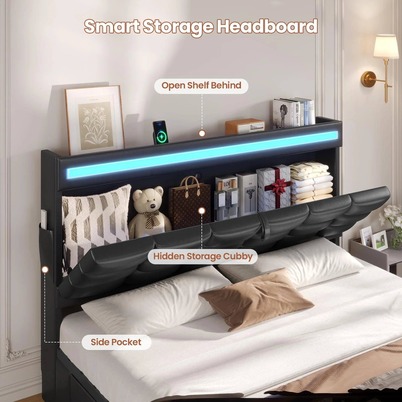 Queen Size Bed Frame with LED Lights Headboard and 12 Storage Drawers,Bookcase,Upholstered Platform Bed Queen with Charging Station, No Box Spring Needed, Type-C and USB,Noise-Free, Black(Queen/Black) - Image 5