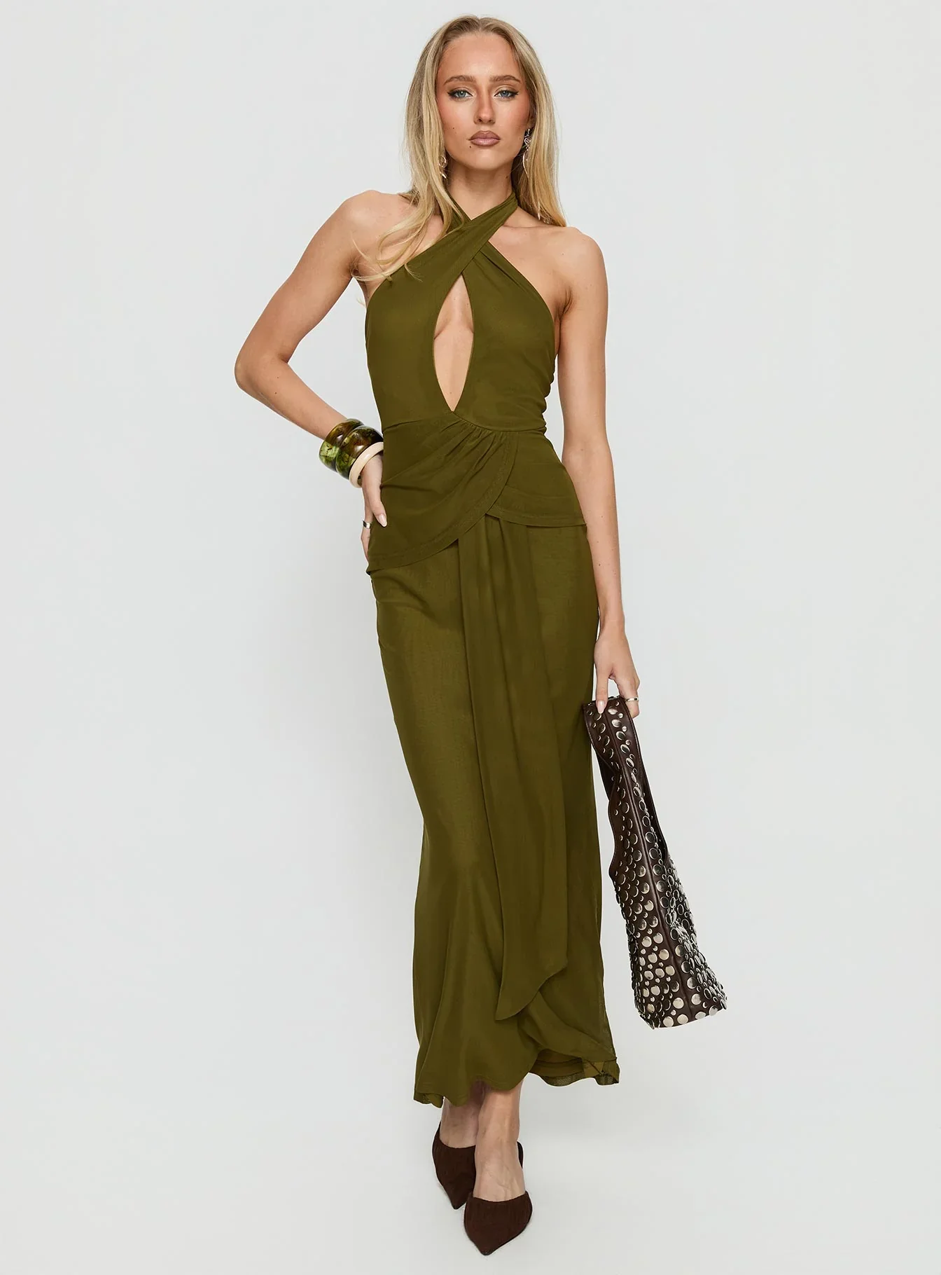 Feliza Keyhole Halter Maxi Dress Olive