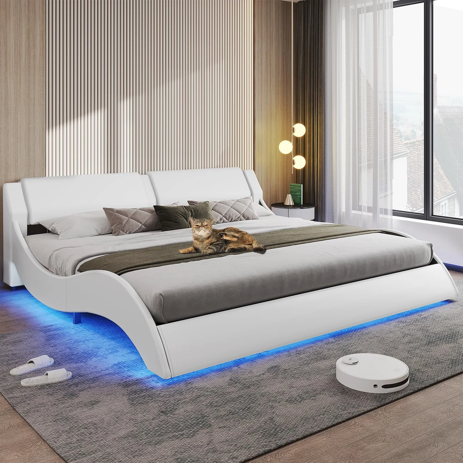 Queen Size Bed Frame with LED Lights,Modern Platform Bed Frame with Upholstered Headboard,Faux Leather Wave Like Low Profile Bed Frame,No Box Spring Needed,Black(Full Black) Image 10