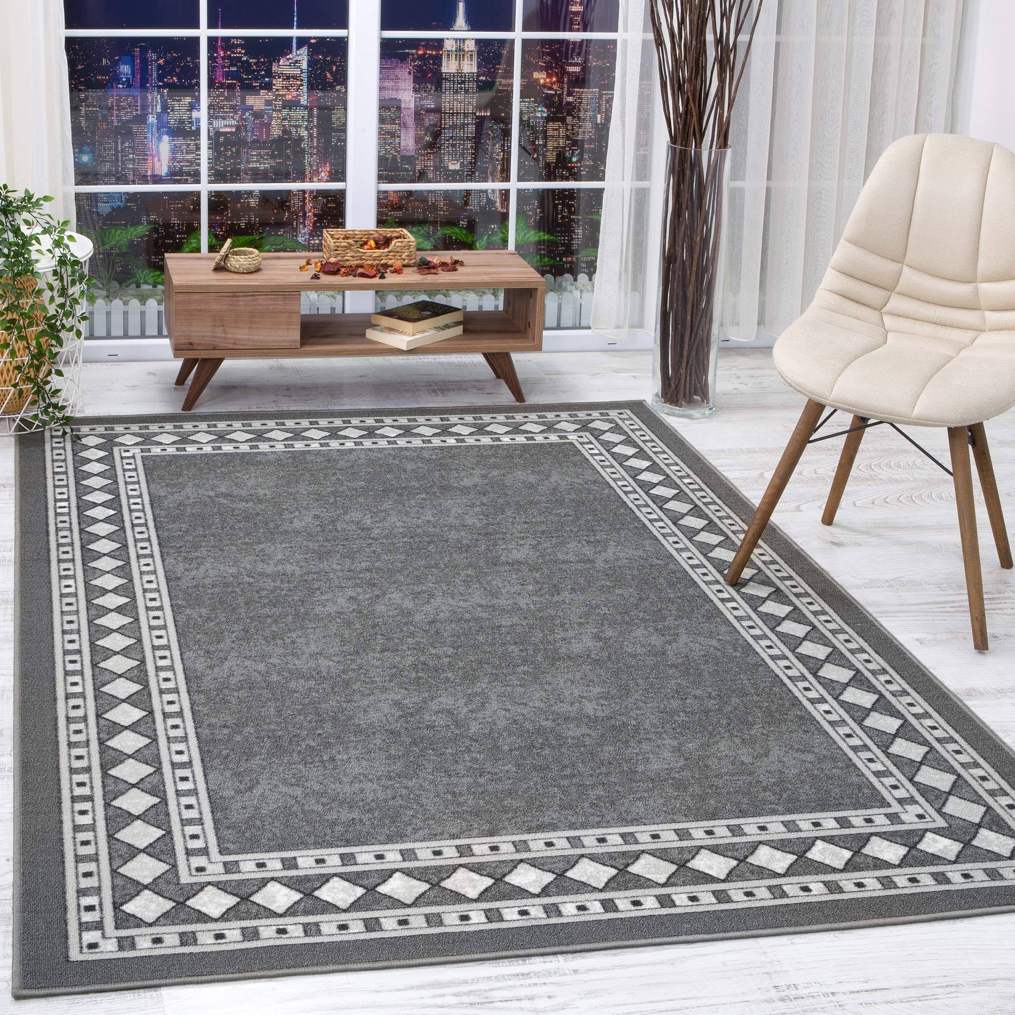 Antep Rugs Alfombras Modern Bordered 8x10 Non-Skid (Non-Slip) Low Profile Pile Rubber Backing Indoor Area Rugs (Gray, 710 x 10)
