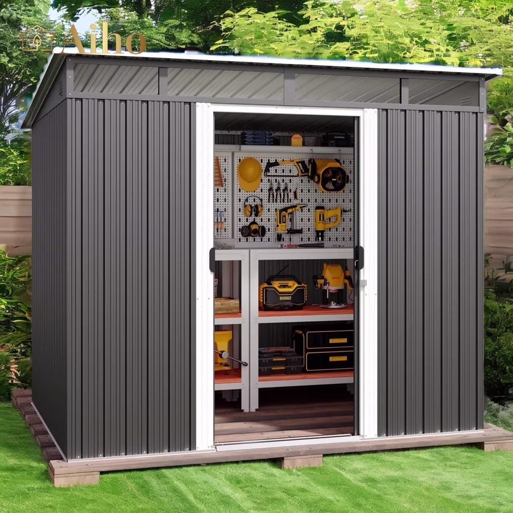 Aiho 8x6 FT Metal Storage Shed, Sheds & Outdoor Storage with Sliding Doors, Galvanized Steel Garden Shed for Bike Storage, Tool Storag - Gray
