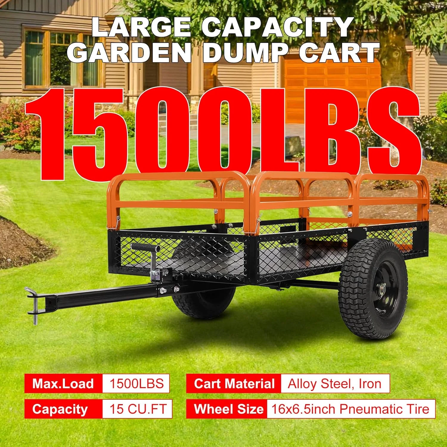 Heavy Duty Steel ATV Trailer,1600 Lbs Dump Cart, 15 Cubic Feet, Removable Sides, for Riding Lawn Mower Tractor(1600 lbs/Orange) - Image 8