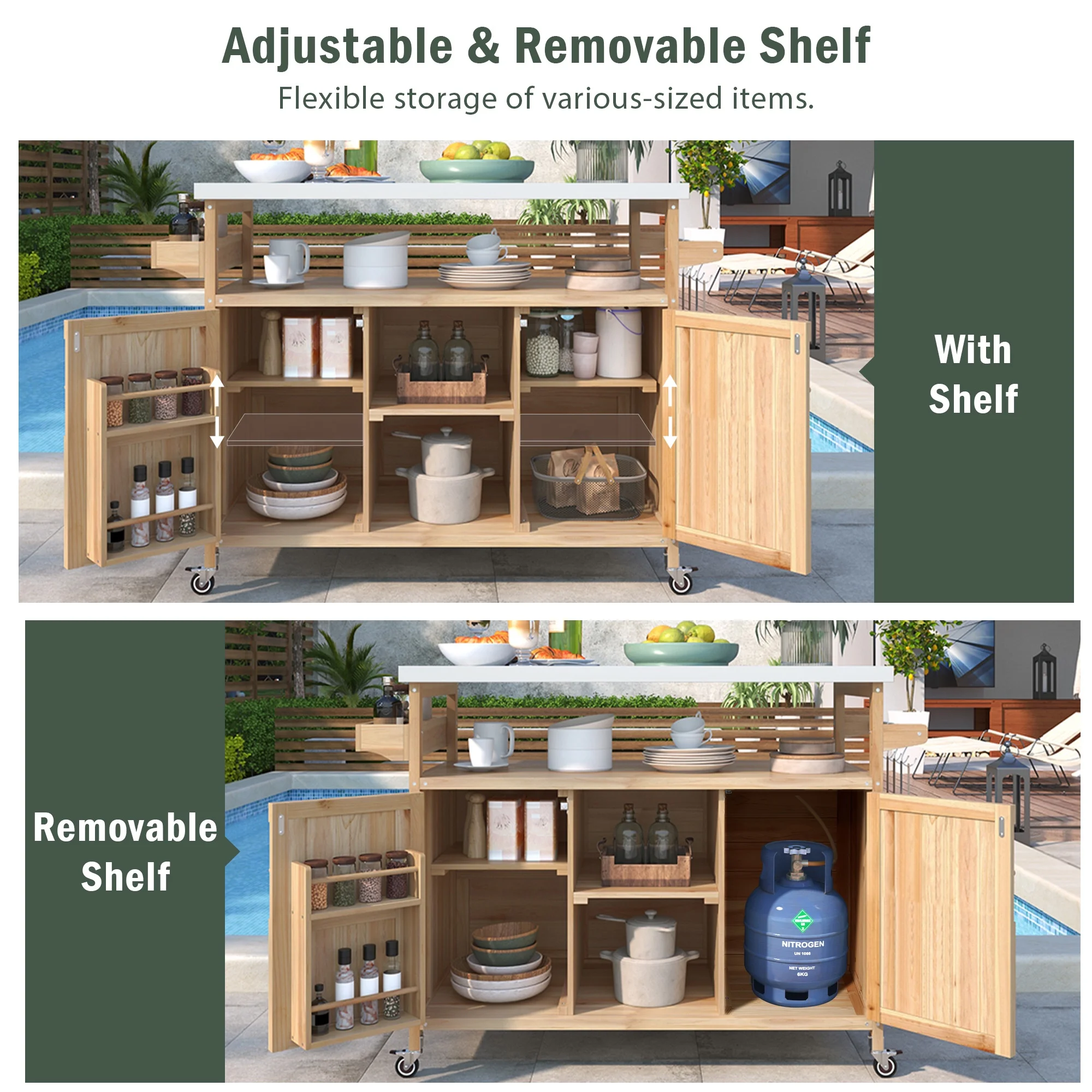 Outdoor Serving Cart Kitchen Island Solid Wood Mobile Rolling Bar Cart with Lockable Wheels, Rack and Stainless Steel Top Beverage Storage Counter Table with Cabinet for Patio, Natural(Natural/Style 1) - Image 9