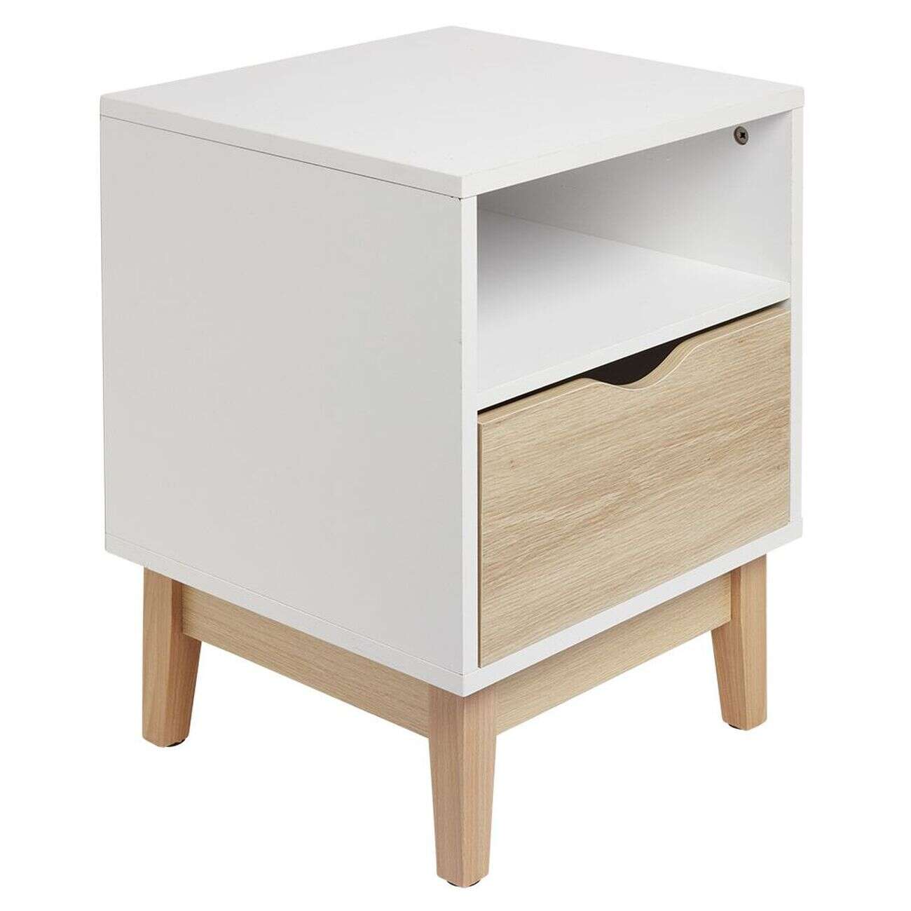 Table de chevet Lida 1 tiroir 1 niche pieds en pin blanc et naturel