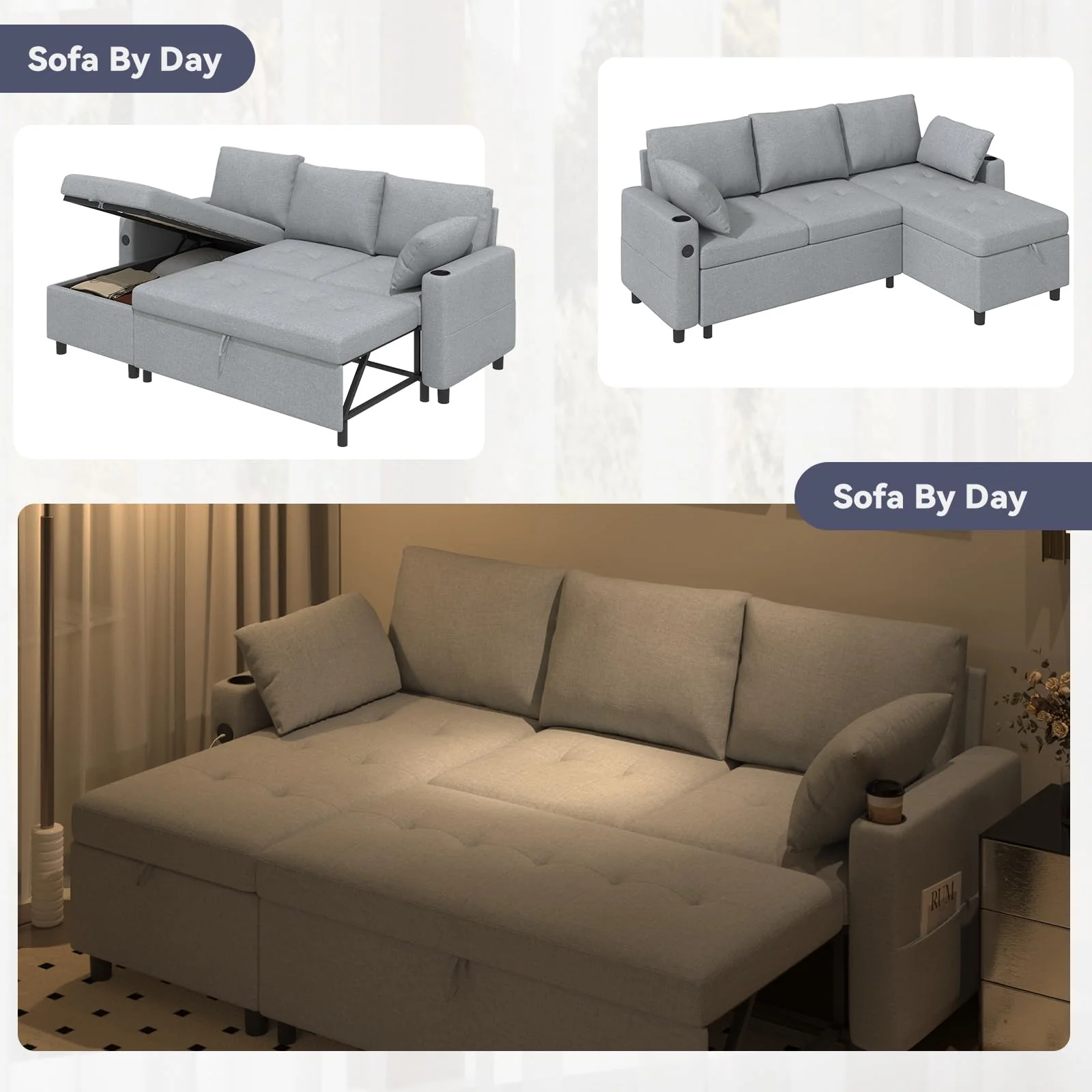 AECOJOY Sleeper Sofa Couch with Pullout Bed, Linen Fabric, Gray