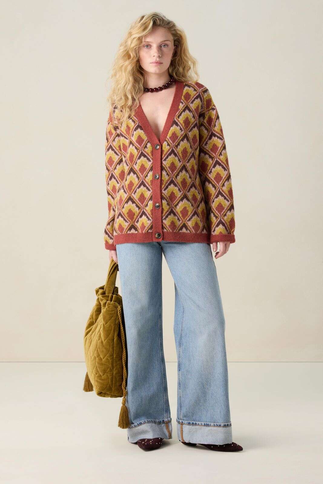 Donkerrood jacquard vest met print