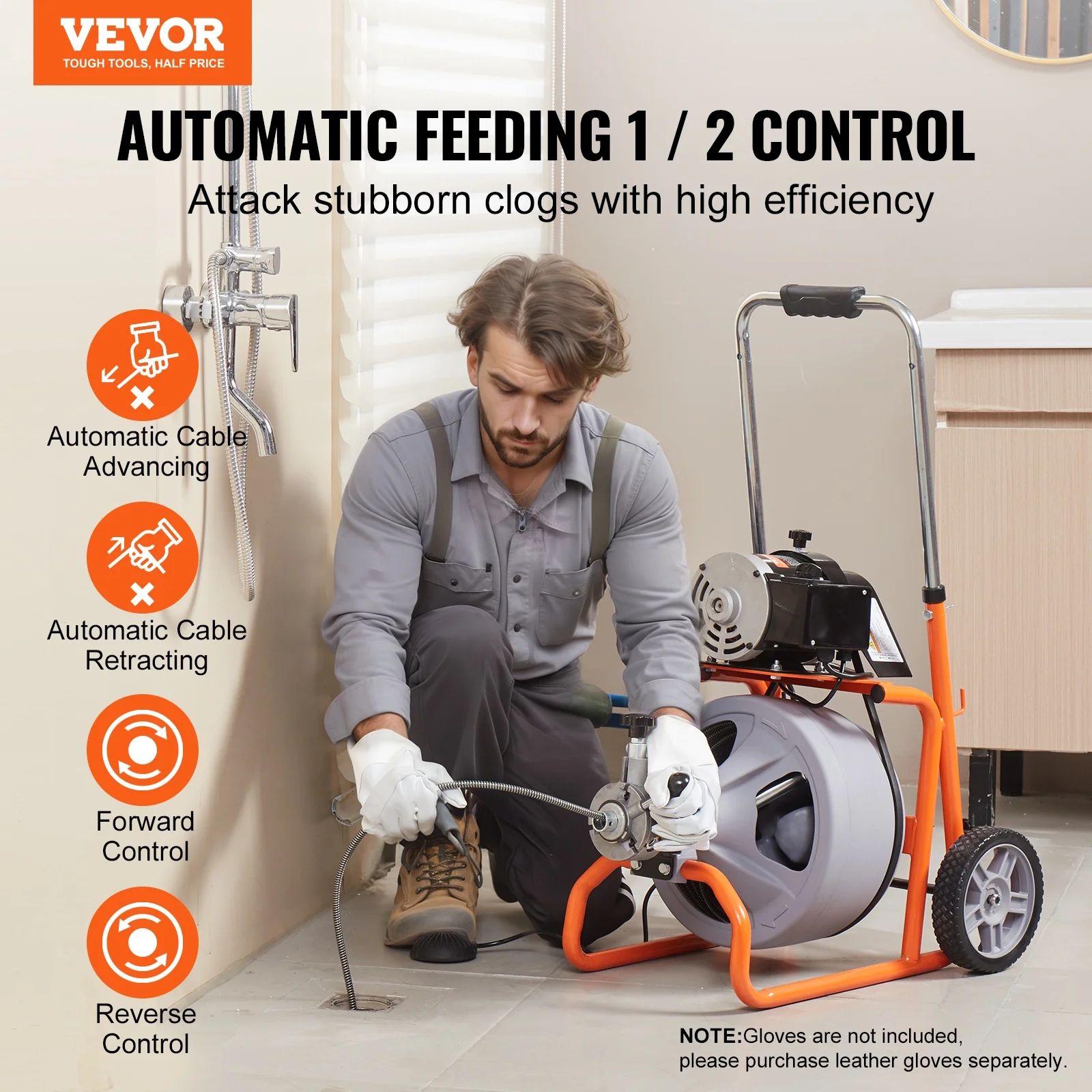 Drain Cleaner Machine 100FT x 3/8 Inch, Auto Feed Sewer Snake Drain Auger on Wheels, Portable Drain Cleaning Machine with 8 Cutters Air-activated Foot Switch for 2" to 4" Pipes - Image 6