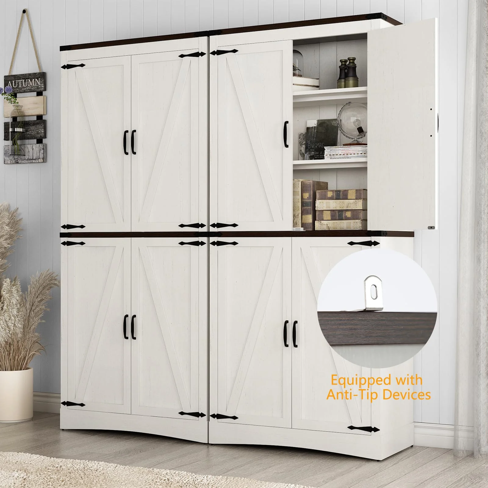 71" Tall Farmhouse Kitchen Pantry Cabinet, 5 Layers Storage Cabinet with Adjustable Shelves, Farmhouse Pantry Cabinet with 4 Barn Doors for Kitchen, Dining Room, Bathroom, Living Room, Rustic White(White-4 Barn Doors) - Image 4