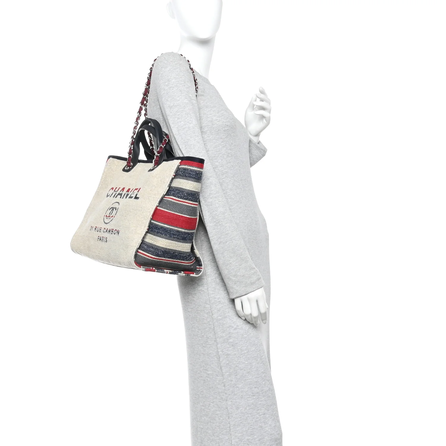 Striped Canvas Medium Deauville Tote Beige
